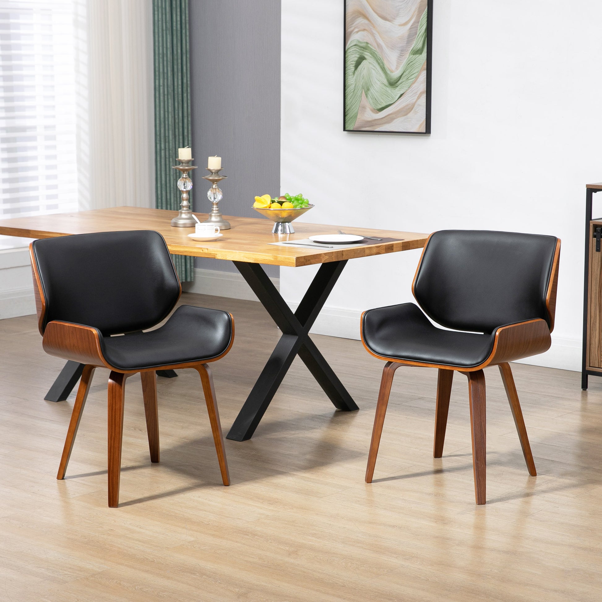 Set of 2 vintage style dining chairs with black synthetic covering seat and wooden legs