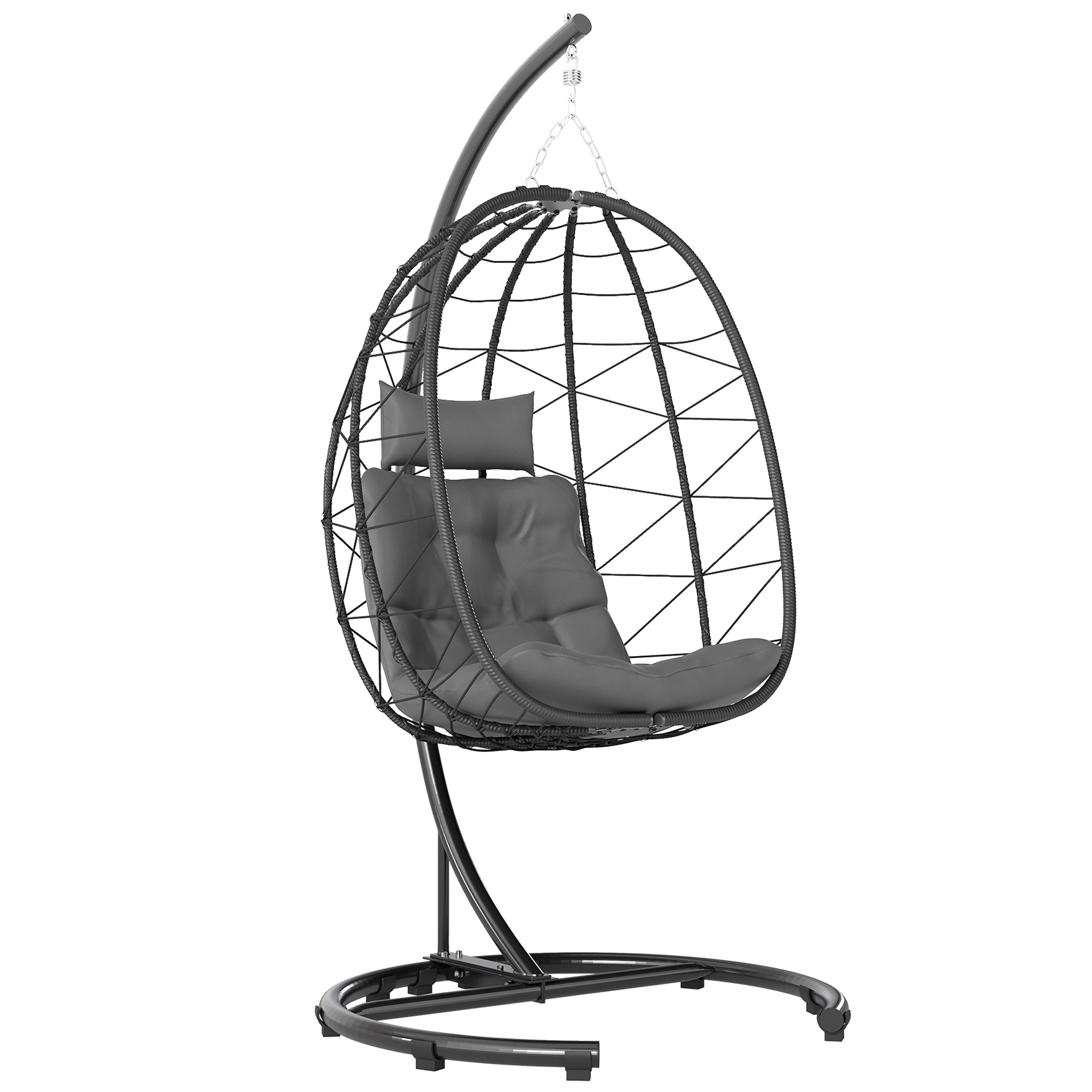 Rattan Hanging Chair Swing 195 cm Height Basket Indoor Outdoor incl. Stand, Cushion, Waterproof Cover, for Patio, Garden up to 150 kg, Dark Grey