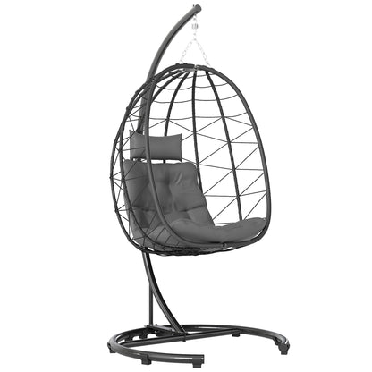 Rattan Hanging Chair Swing 195 cm Height Basket Indoor Outdoor incl. Stand, Cushion, Waterproof Cover, for Patio, Garden up to 150 kg, Dark Grey