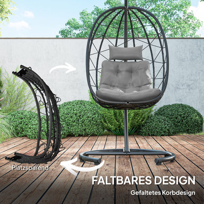 Rattan Hanging Chair Swing 195 cm Height Basket Indoor Outdoor incl. Stand, Cushion, Waterproof Cover, for Patio, Garden up to 150 kg, Dark Grey
