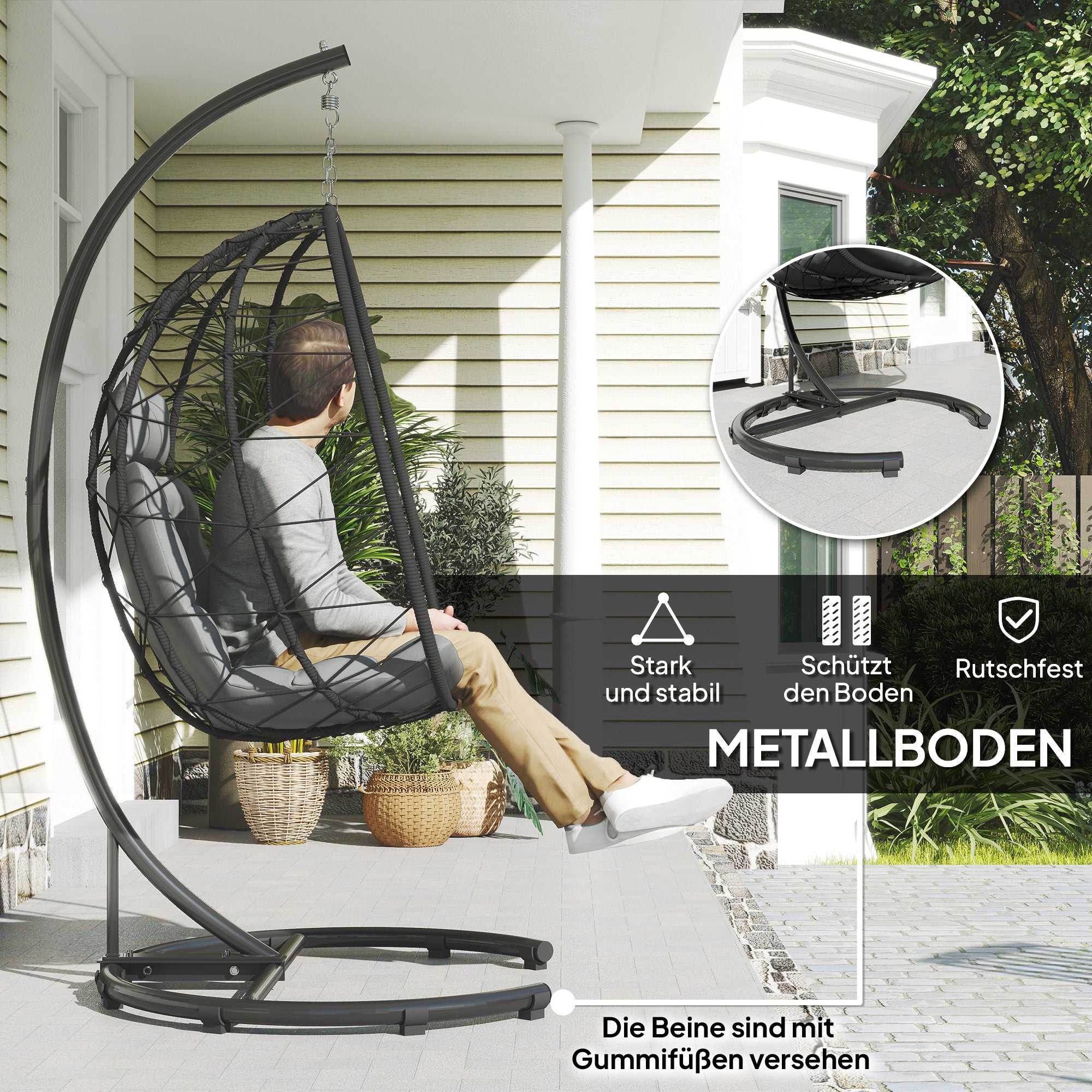 Rattan Hanging Chair Swing 195 cm Height Basket Indoor Outdoor incl. Stand, Cushion, Waterproof Cover, for Patio, Garden up to 150 kg, Dark Grey