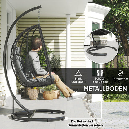 Rattan Hanging Chair Swing 195 cm Height Basket Indoor Outdoor incl. Stand, Cushion, Waterproof Cover, for Patio, Garden up to 150 kg, Dark Grey