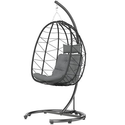 Rattan Hanging Chair Swing 195 cm Height Basket Indoor Outdoor incl. Stand, Cushion, Waterproof Cover, for Patio, Garden up to 150 kg, Dark Grey
