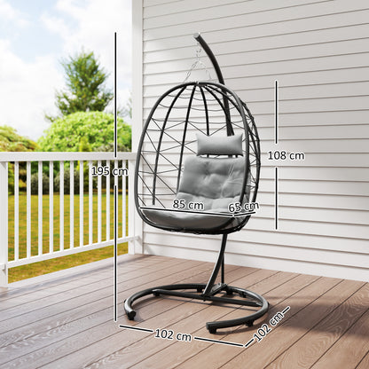 Rattan Hanging Chair Swing 195 cm Height Basket Indoor Outdoor incl. Stand, Cushion, Waterproof Cover, for Patio, Garden up to 150 kg, Dark Grey