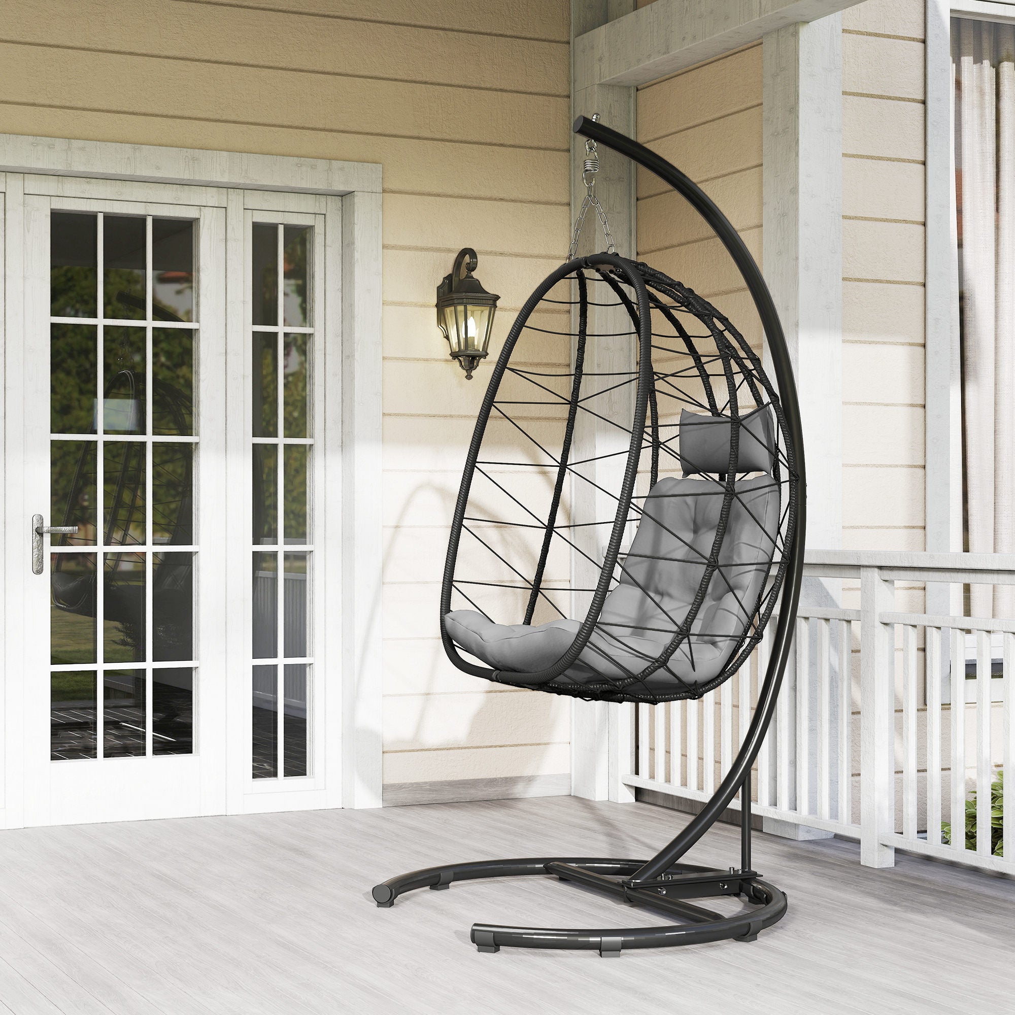 Rattan Hanging Chair Swing 195 cm Height Basket Indoor Outdoor incl. Stand, Cushion, Waterproof Cover, for Patio, Garden up to 150 kg, Dark Grey