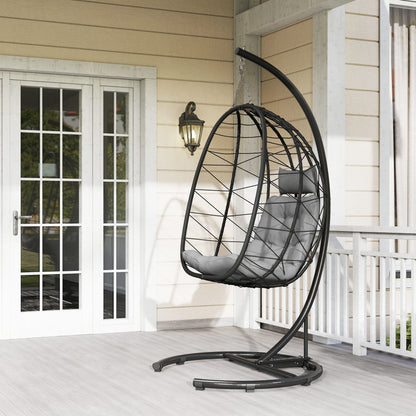 Rattan Hanging Chair Swing 195 cm Height Basket Indoor Outdoor incl. Stand, Cushion, Waterproof Cover, for Patio, Garden up to 150 kg, Dark Grey