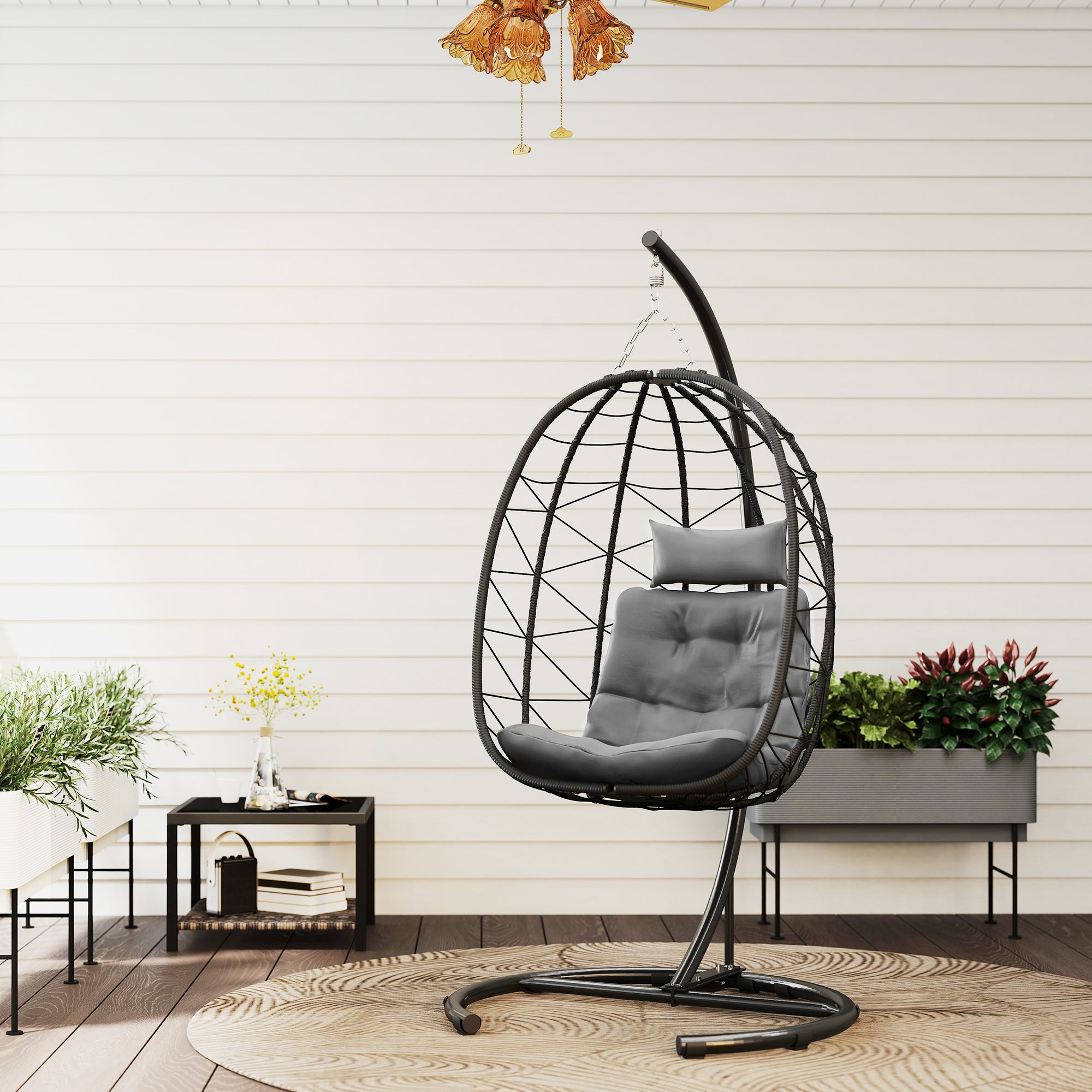 Rattan Hanging Chair Swing 195 cm Height Basket Indoor Outdoor incl. Stand, Cushion, Waterproof Cover, for Patio, Garden up to 150 kg, Dark Grey