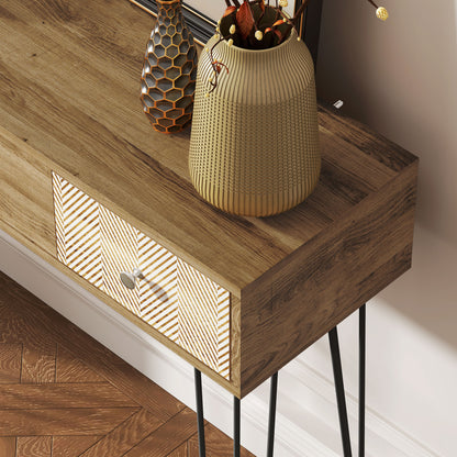 Console Table, Narrow Entryway Table, Nordic Style Entry Console, Narrow Entry Table with 3 Drawers and Steel Legs, Side Table, for Living Room, Entryway, Hallway, Brown