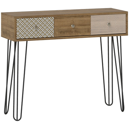 Console Table, Narrow Entryway Table, Nordic Style Entry Console, Narrow Entry Table with 3 Drawers and Steel Legs, Side Table, for Living Room, Entryway, Hallway, Brown