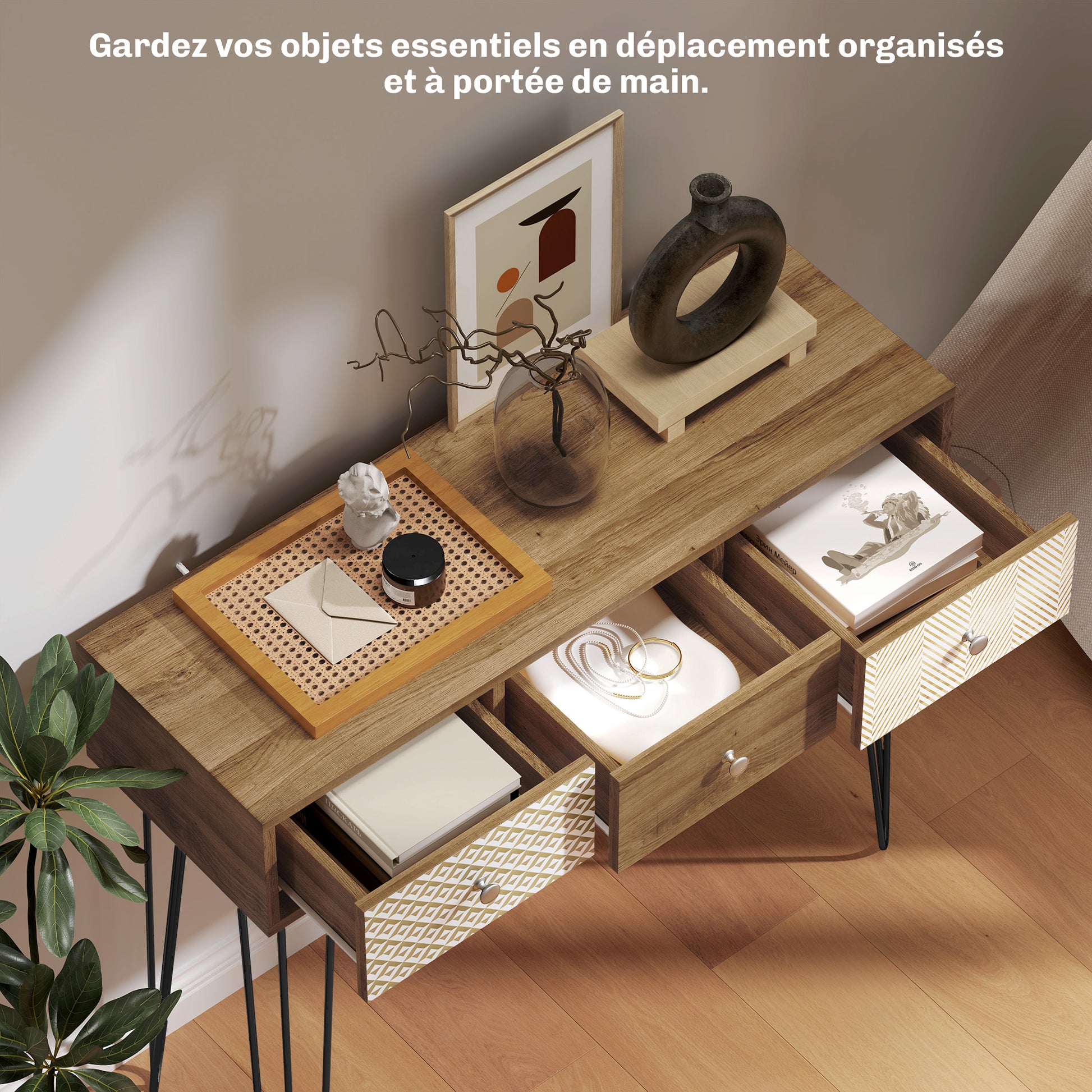 Console Table, Narrow Entryway Table, Nordic Style Entry Console, Narrow Entry Table with 3 Drawers and Steel Legs, Side Table, for Living Room, Entryway, Hallway, Brown