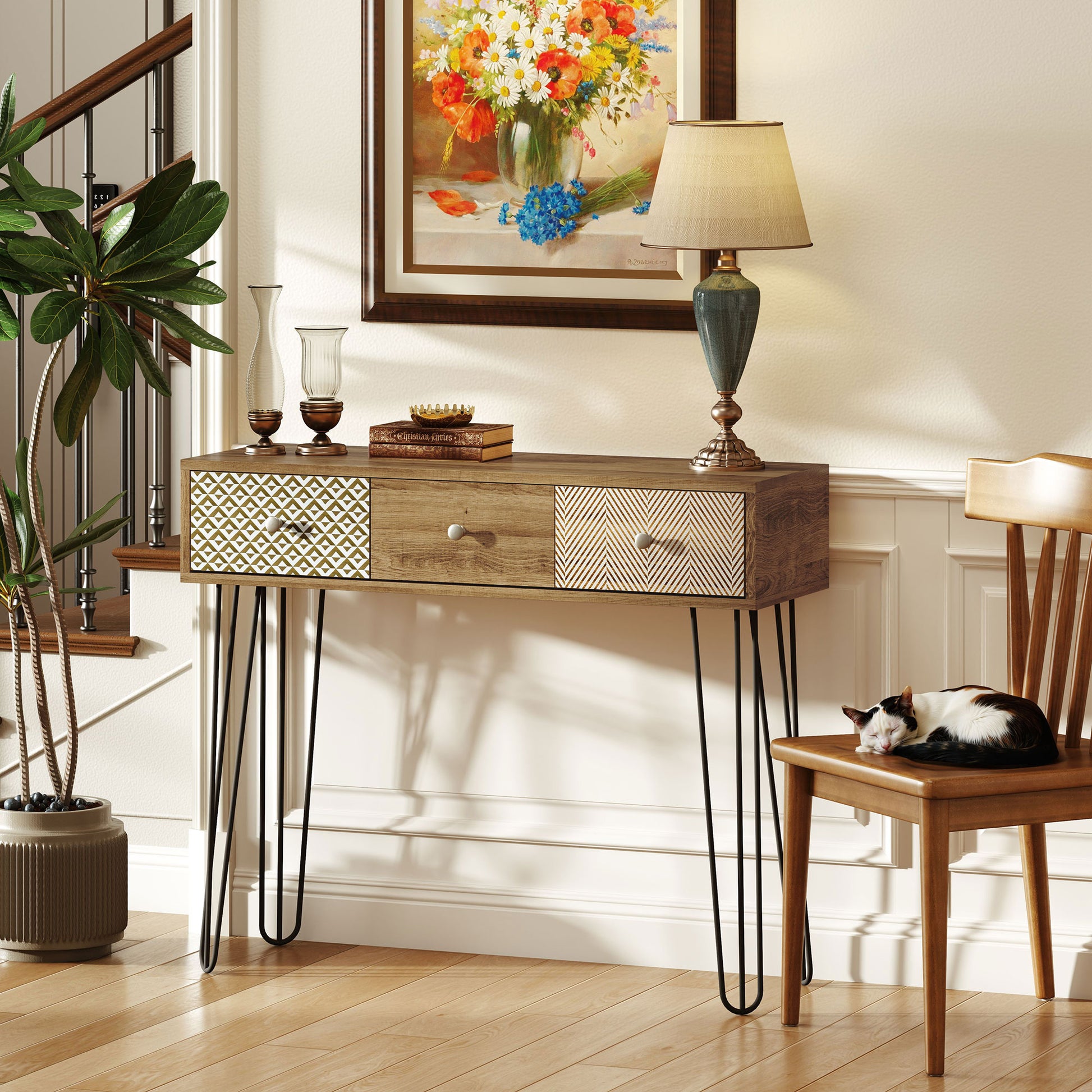 Console Table, Narrow Entryway Table, Nordic Style Entry Console, Narrow Entry Table with 3 Drawers and Steel Legs, Side Table, for Living Room, Entryway, Hallway, Brown