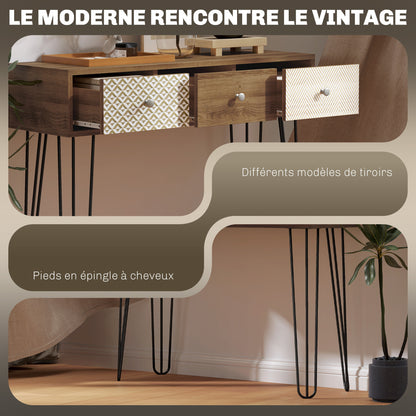 Console Table, Narrow Entryway Table, Nordic Style Entry Console, Narrow Entry Table with 3 Drawers and Steel Legs, Side Table, for Living Room, Entryway, Hallway, Brown