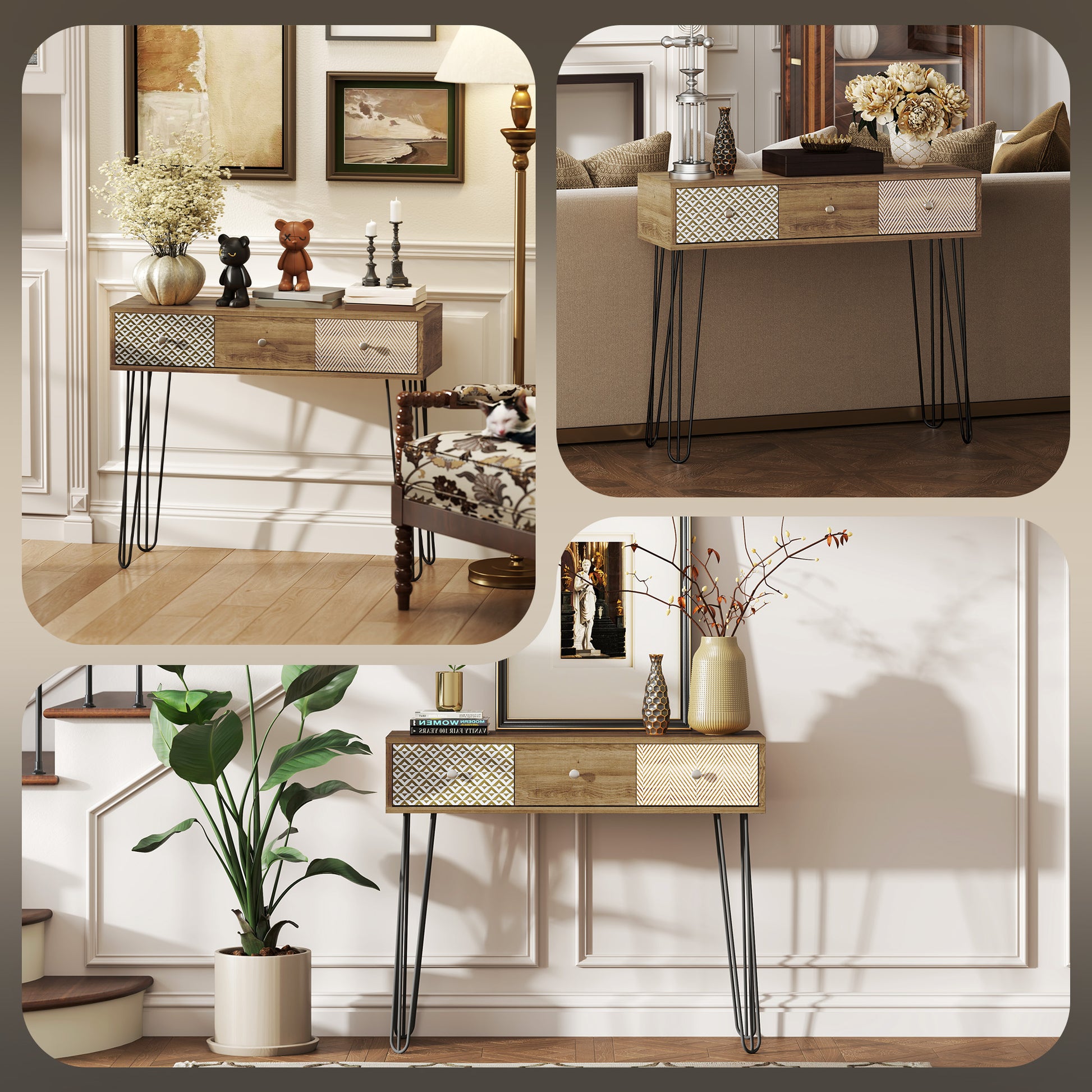 Console Table, Narrow Entryway Table, Nordic Style Entry Console, Narrow Entry Table with 3 Drawers and Steel Legs, Side Table, for Living Room, Entryway, Hallway, Brown