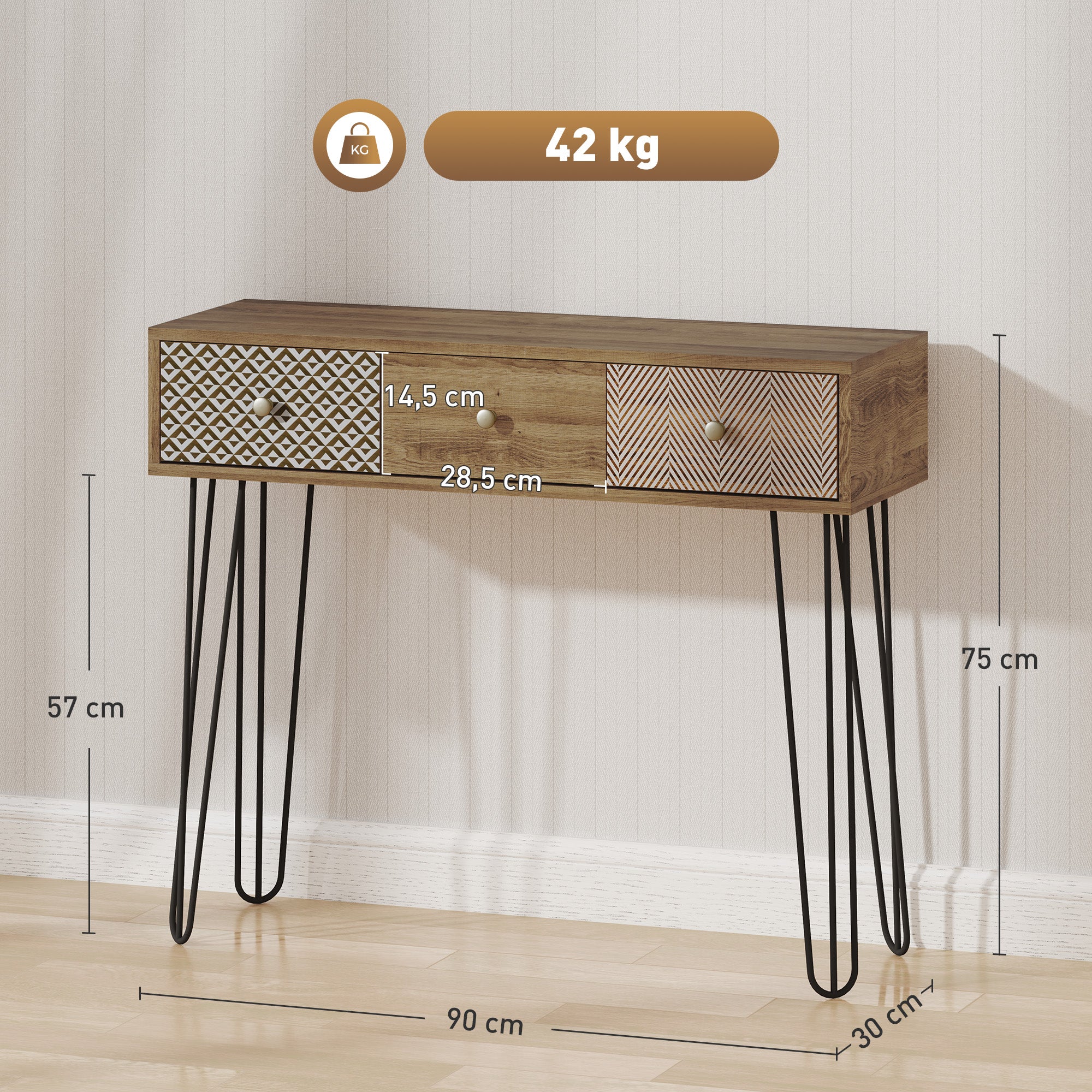 Console Table, Narrow Entryway Table, Nordic Style Entry Console, Narrow Entry Table with 3 Drawers and Steel Legs, Side Table, for Living Room, Entryway, Hallway, Brown