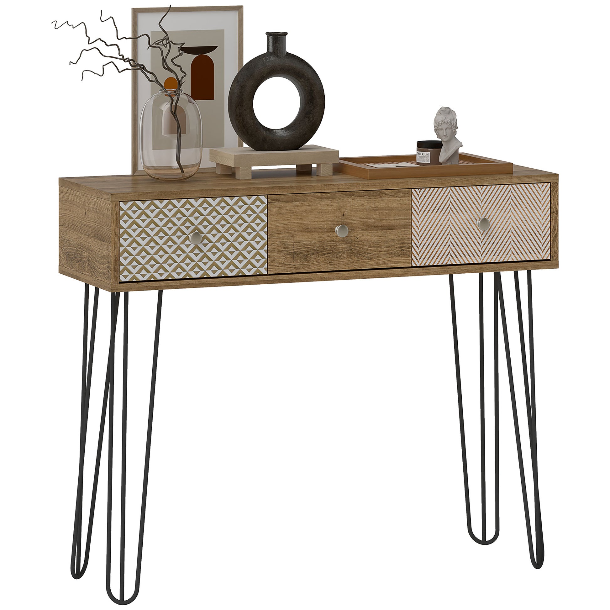 Console Table, Narrow Entryway Table, Nordic Style Entry Console, Narrow Entry Table with 3 Drawers and Steel Legs, Side Table, for Living Room, Entryway, Hallway, Brown