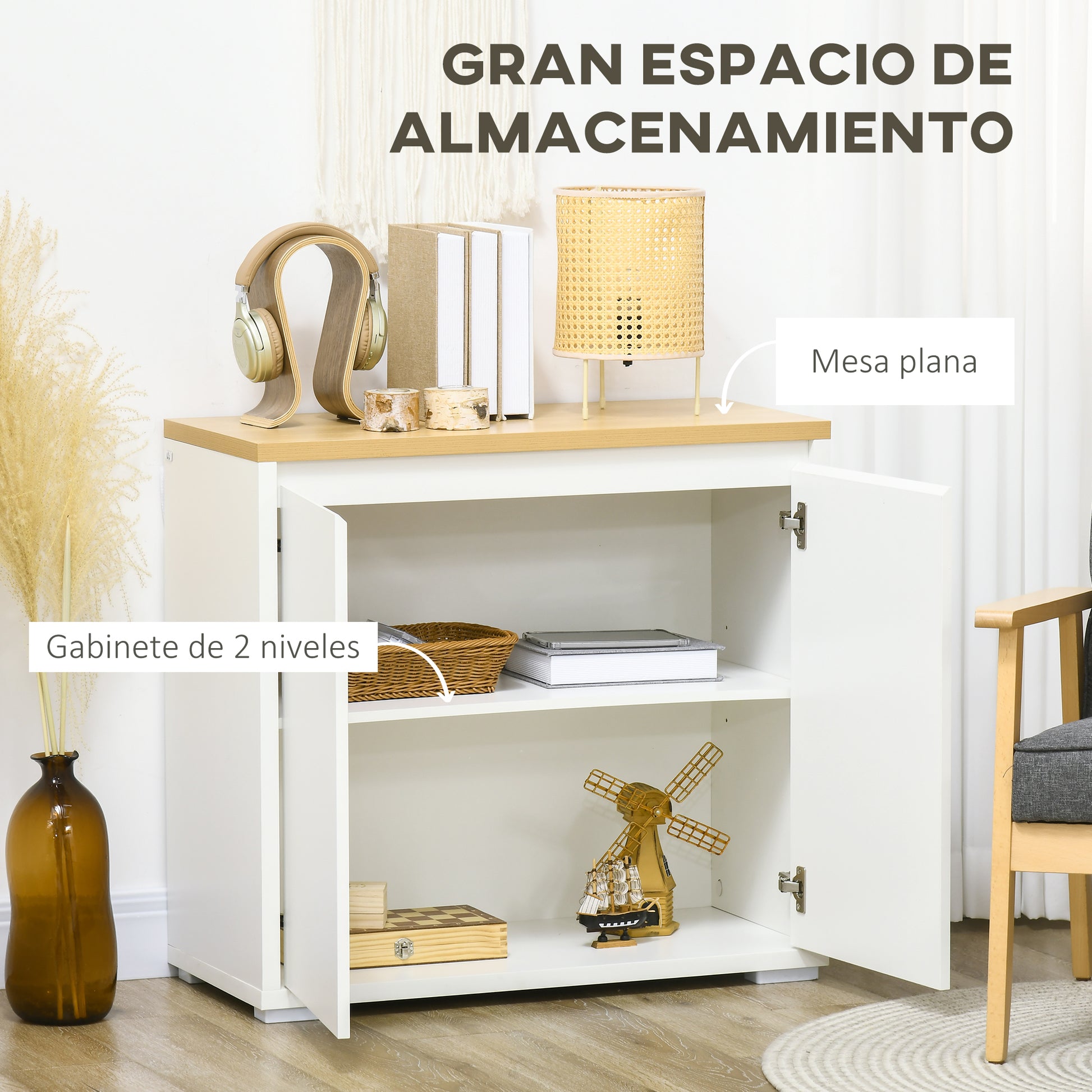 Living Room Sideboard Storage Cabinet Kitchen Auxiliary Furniture with 2 Doors and Adjustable Shelf for Dining Room Entryway 80x37x75 cm White