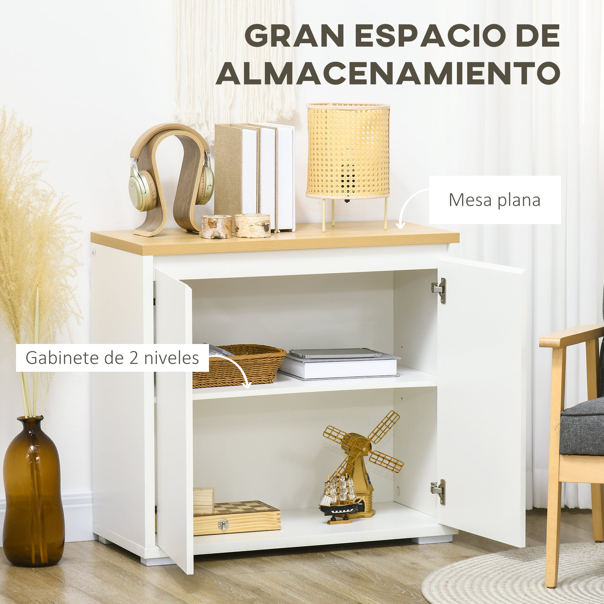 Living Room Sideboard Storage Cabinet Kitchen Auxiliary Furniture with 2 Doors and Adjustable Shelf for Dining Room Entryway 80x37x75 cm White
