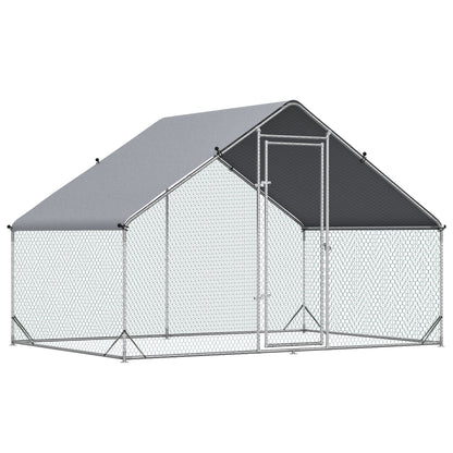Chicken Coop Free-Range Enclosure made of Steel, 300 x 200 x 200 cm Chicken Cage with Cover, Door, Chicken Run for 4-6 Chickens, Small Animals, Silver