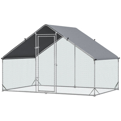 Chicken Coop Free-Range Enclosure made of Steel, 300 x 200 x 200 cm Chicken Cage with Cover, Door, Chicken Run for 4-6 Chickens, Small Animals, Silver