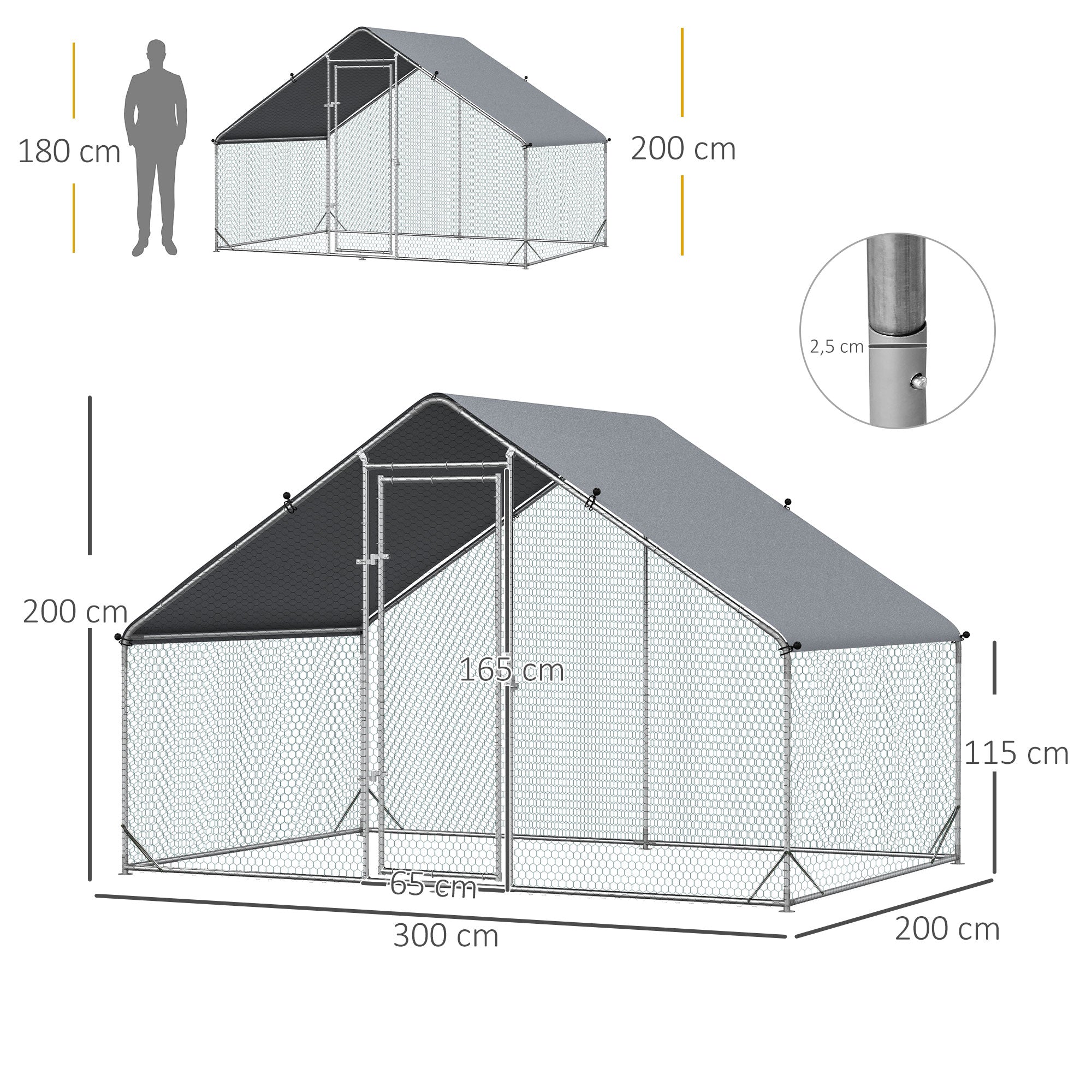 Chicken Coop Free-Range Enclosure made of Steel, 300 x 200 x 200 cm Chicken Cage with Cover, Door, Chicken Run for 4-6 Chickens, Small Animals, Silver