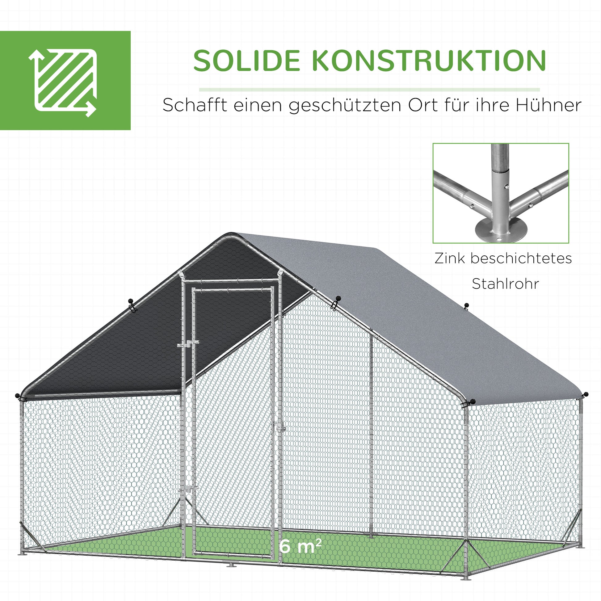 Chicken Coop Free-Range Enclosure made of Steel, 300 x 200 x 200 cm Chicken Cage with Cover, Door, Chicken Run for 4-6 Chickens, Small Animals, Silver