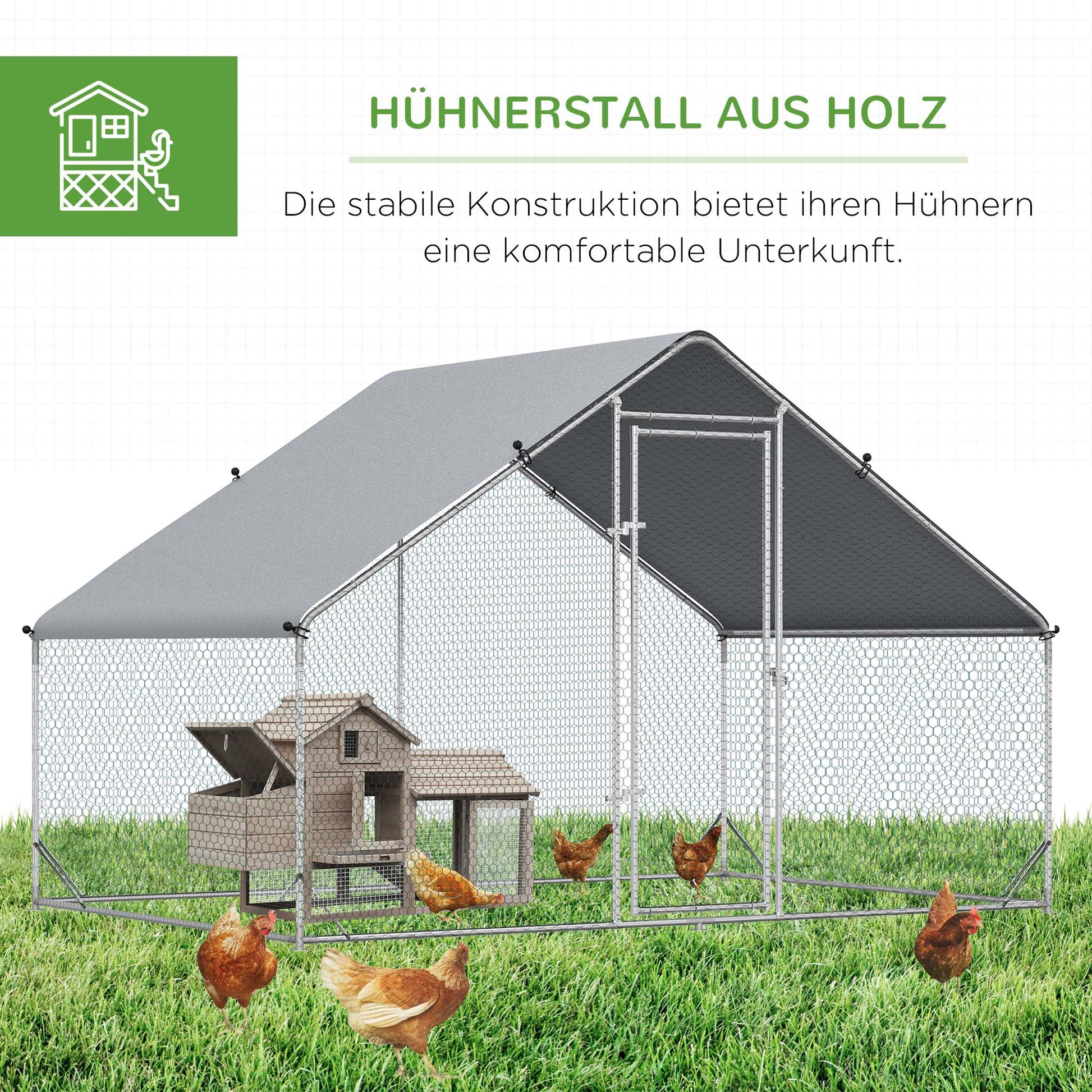 Chicken Coop Free-Range Enclosure made of Steel, 300 x 200 x 200 cm Chicken Cage with Cover, Door, Chicken Run for 4-6 Chickens, Small Animals, Silver