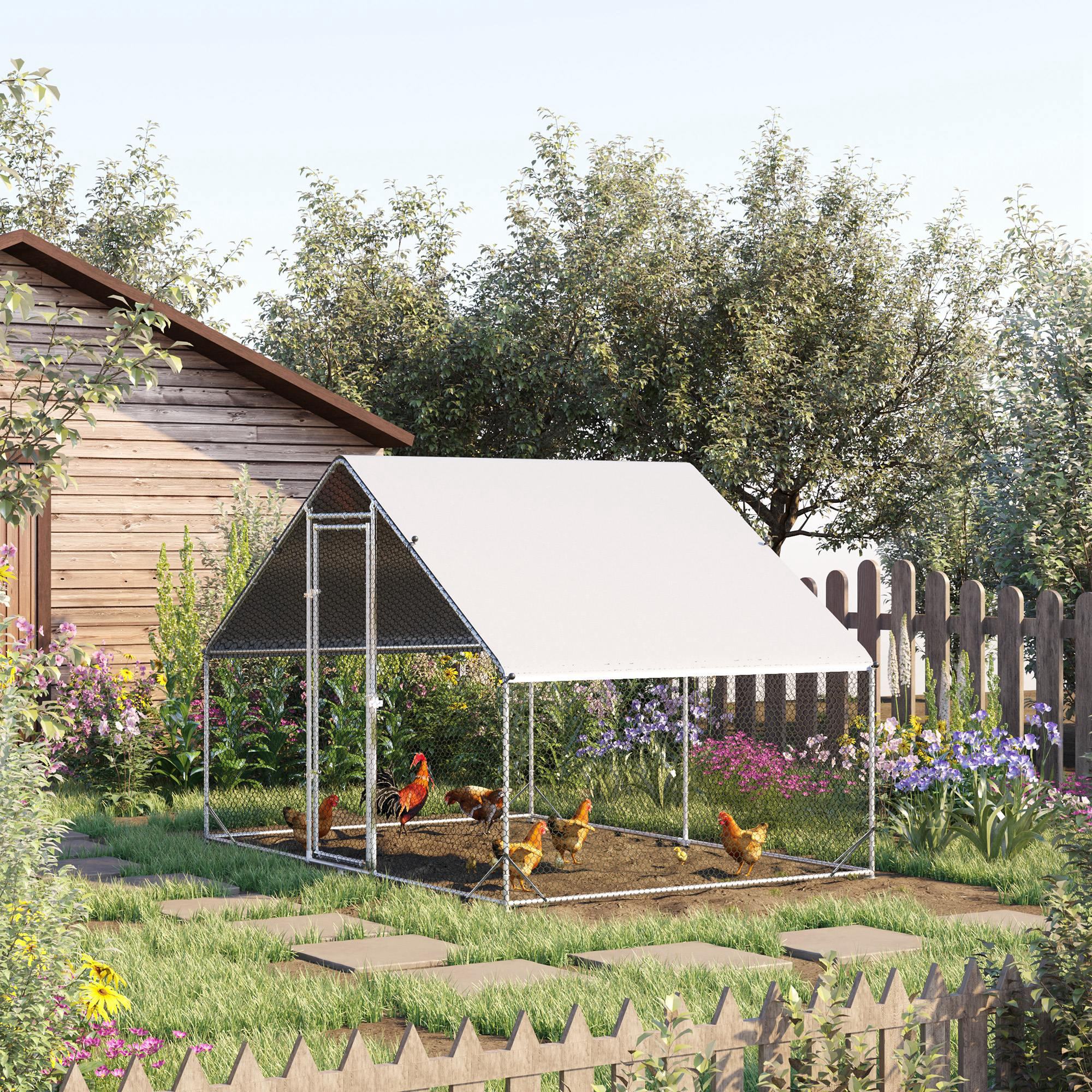 Chicken Coop Free-Range Enclosure made of Steel, 300 x 200 x 200 cm Chicken Cage with Cover, Door, Chicken Run for 4-6 Chickens, Small Animals, Silver