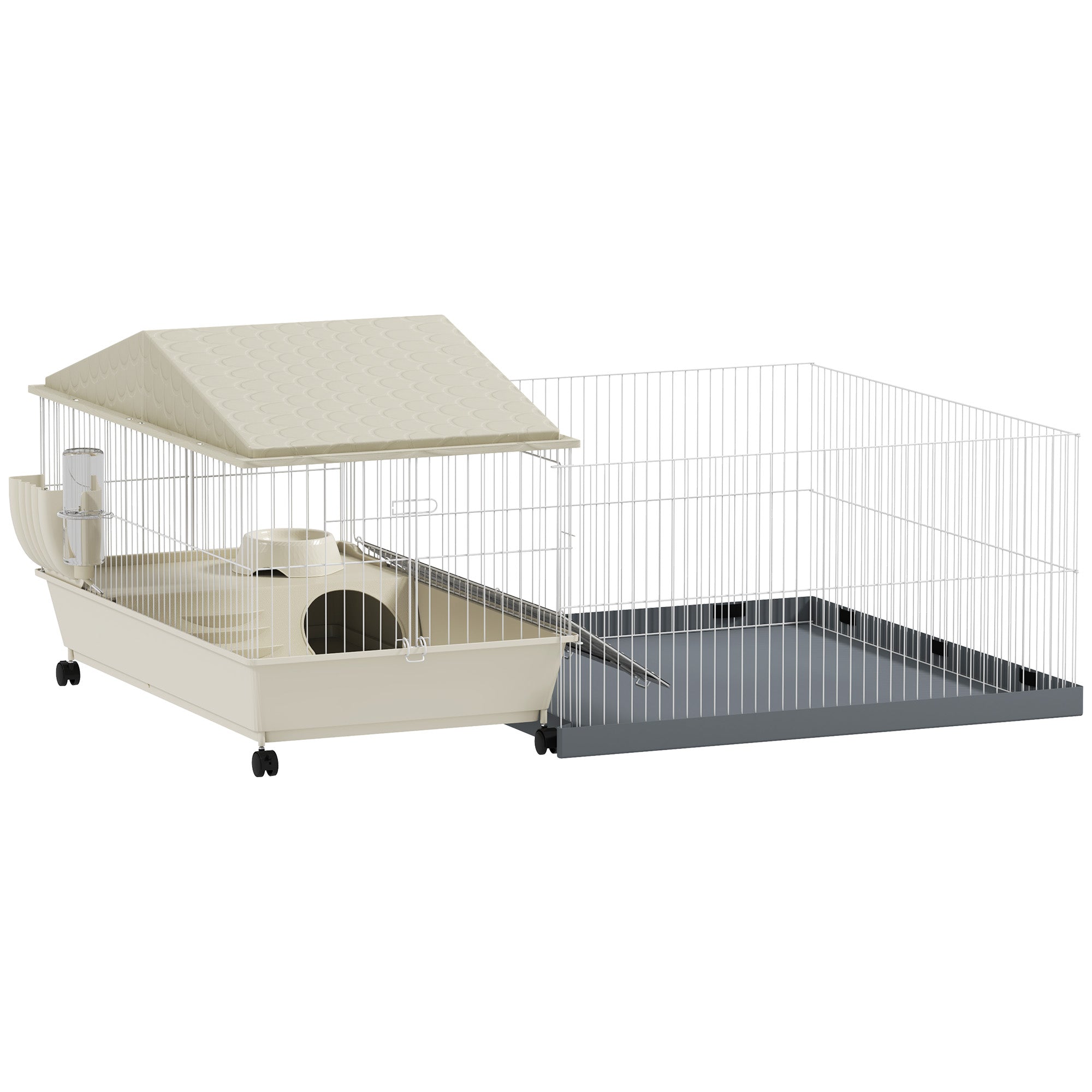 Small Animal Cage with Removable Playpen Rodent Cage with Wheels Ramps Bowl Water Bottle and Hay Dispenser 108x71x57 cm Beige