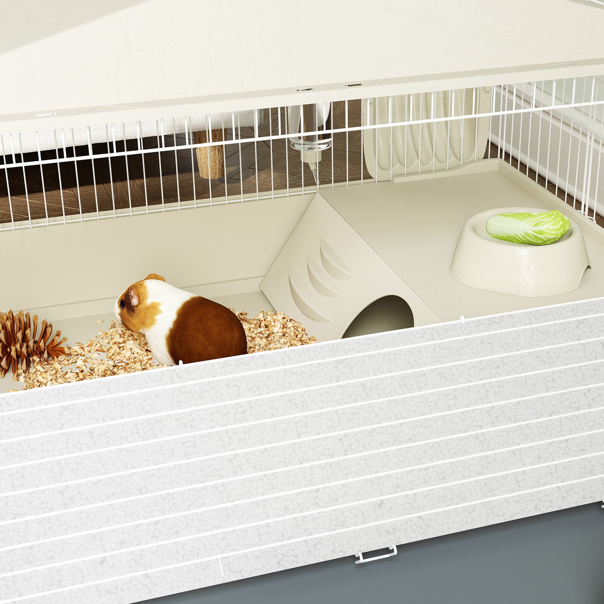 Small Animal Cage with Removable Playpen Rodent Cage with Wheels Ramps Bowl Water Bottle and Hay Dispenser 108x71x57 cm Beige