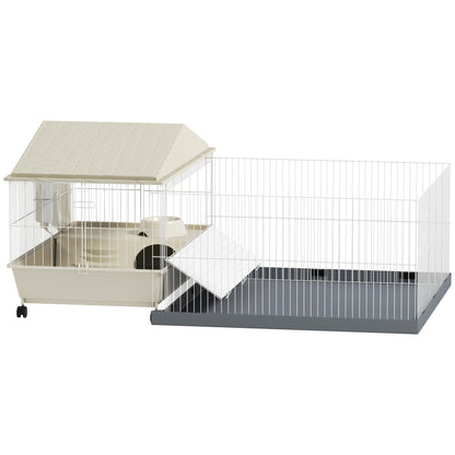 Small Animal Cage with Removable Playpen Rodent Cage with Wheels Ramps Bowl Water Bottle and Hay Dispenser 108x71x57 cm Beige