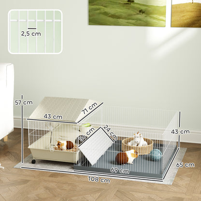 Small Animal Cage with Removable Playpen Rodent Cage with Wheels Ramps Bowl Water Bottle and Hay Dispenser 108x71x57 cm Beige