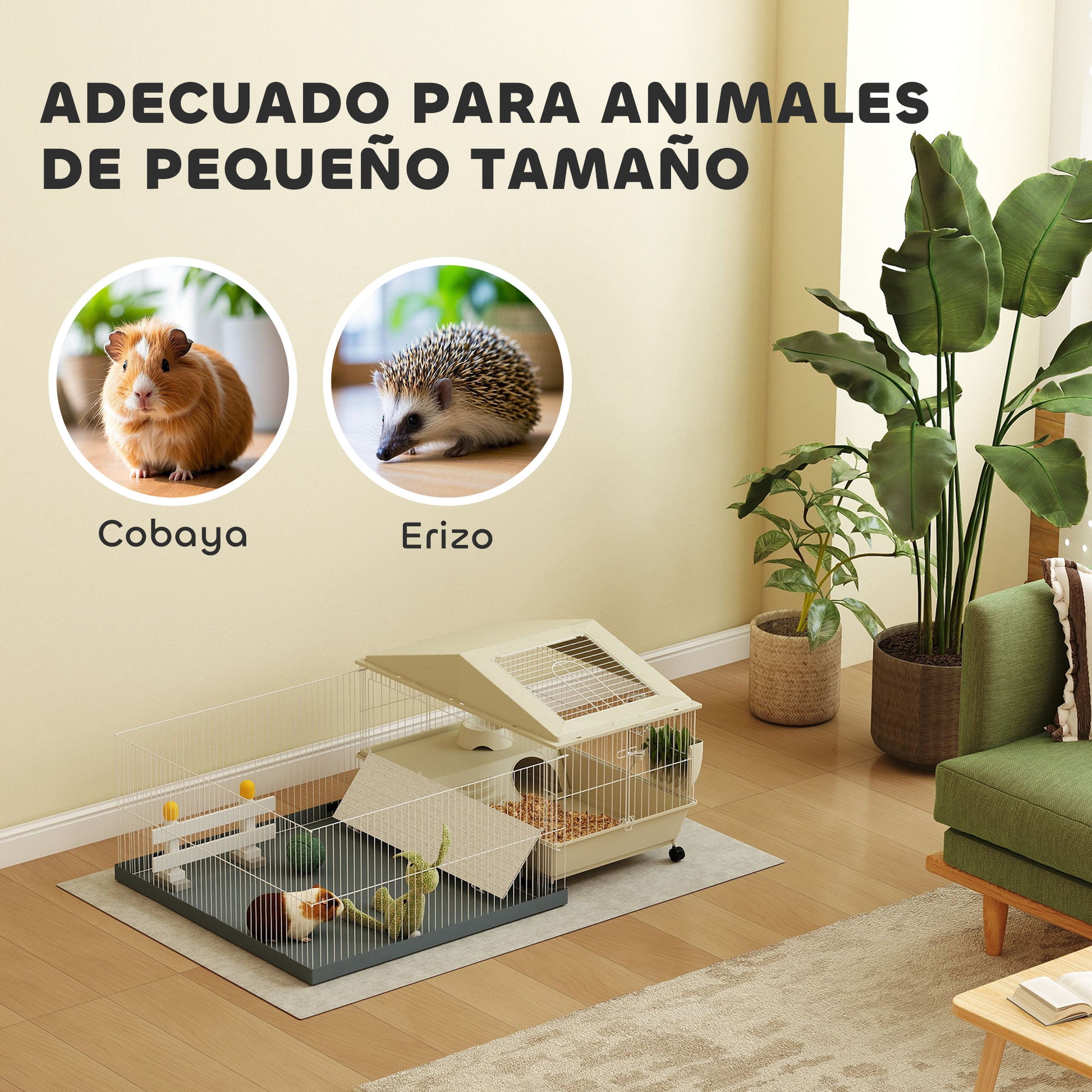 Small Animal Cage with Removable Playpen Rodent Cage with Wheels Ramps Bowl Water Bottle and Hay Dispenser 108x71x57 cm Beige
