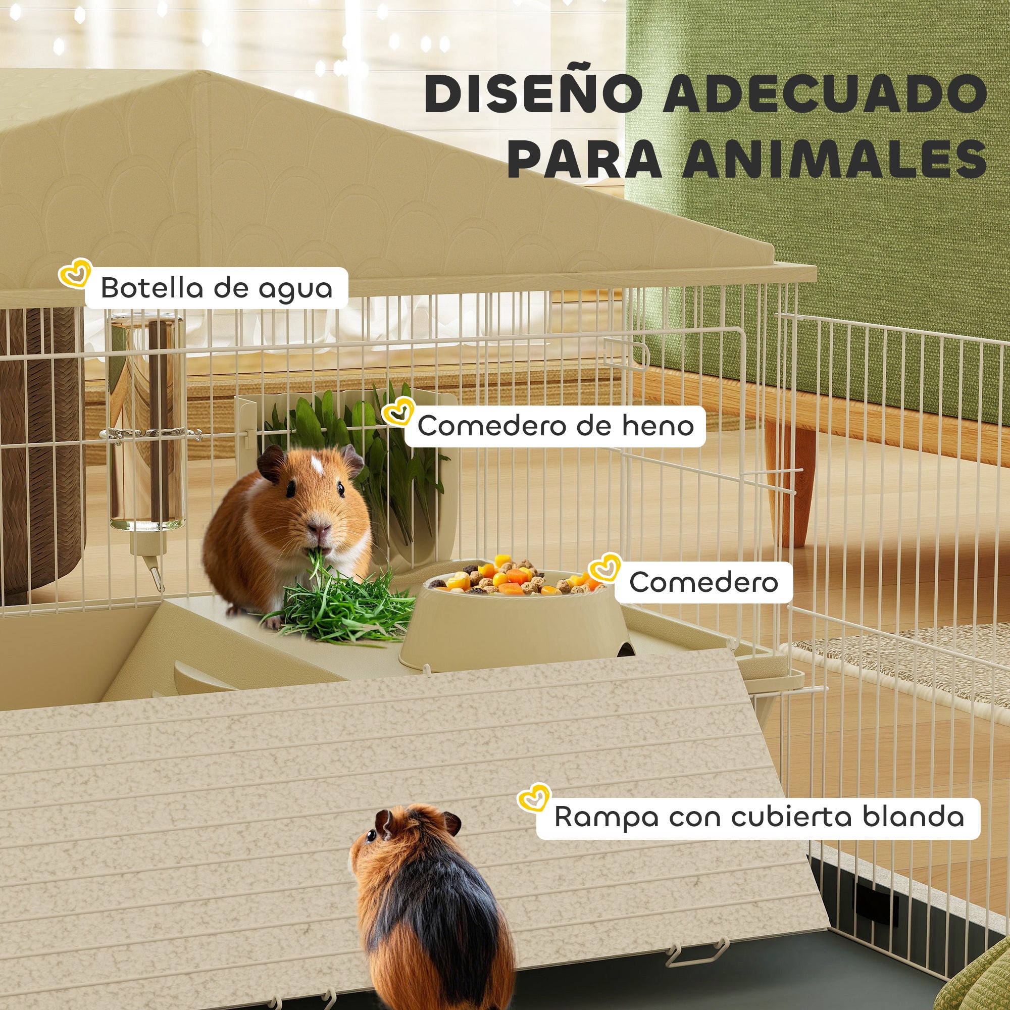 Small Animal Cage with Removable Playpen Rodent Cage with Wheels Ramps Bowl Water Bottle and Hay Dispenser 108x71x57 cm Beige