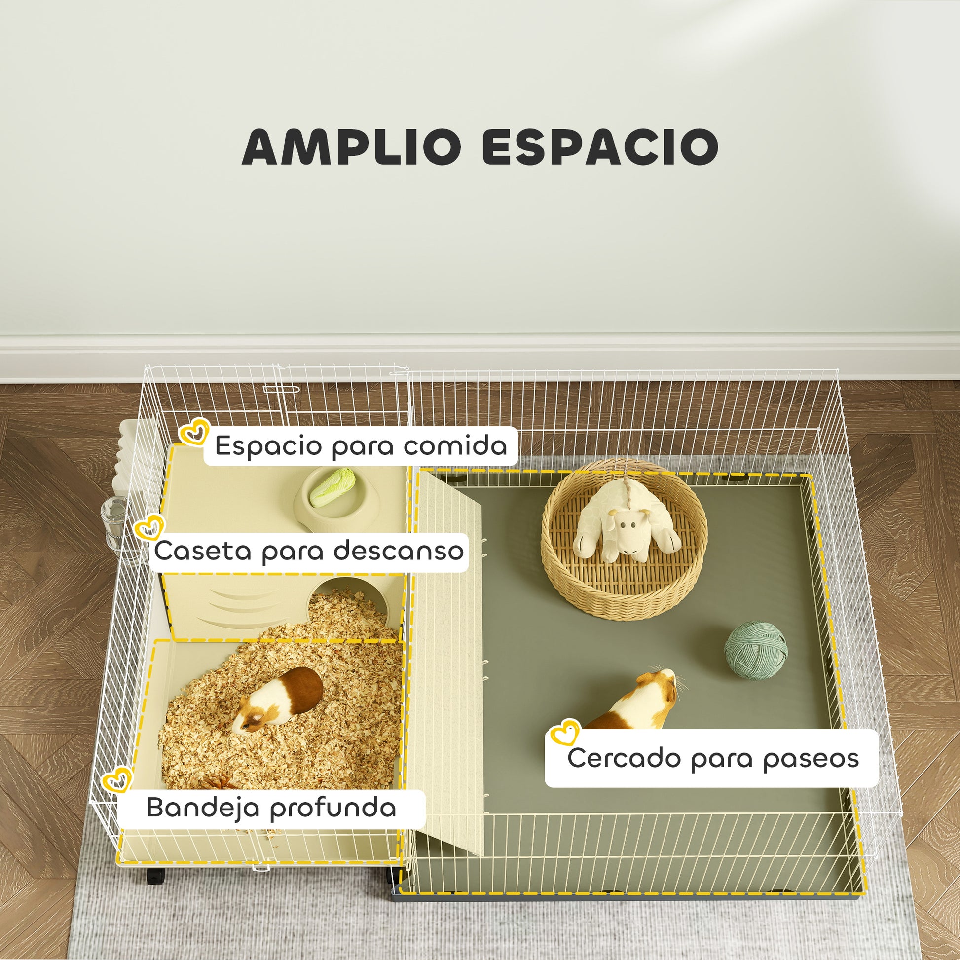 Small Animal Cage with Removable Playpen Rodent Cage with Wheels Ramps Bowl Water Bottle and Hay Dispenser 108x71x57 cm Beige