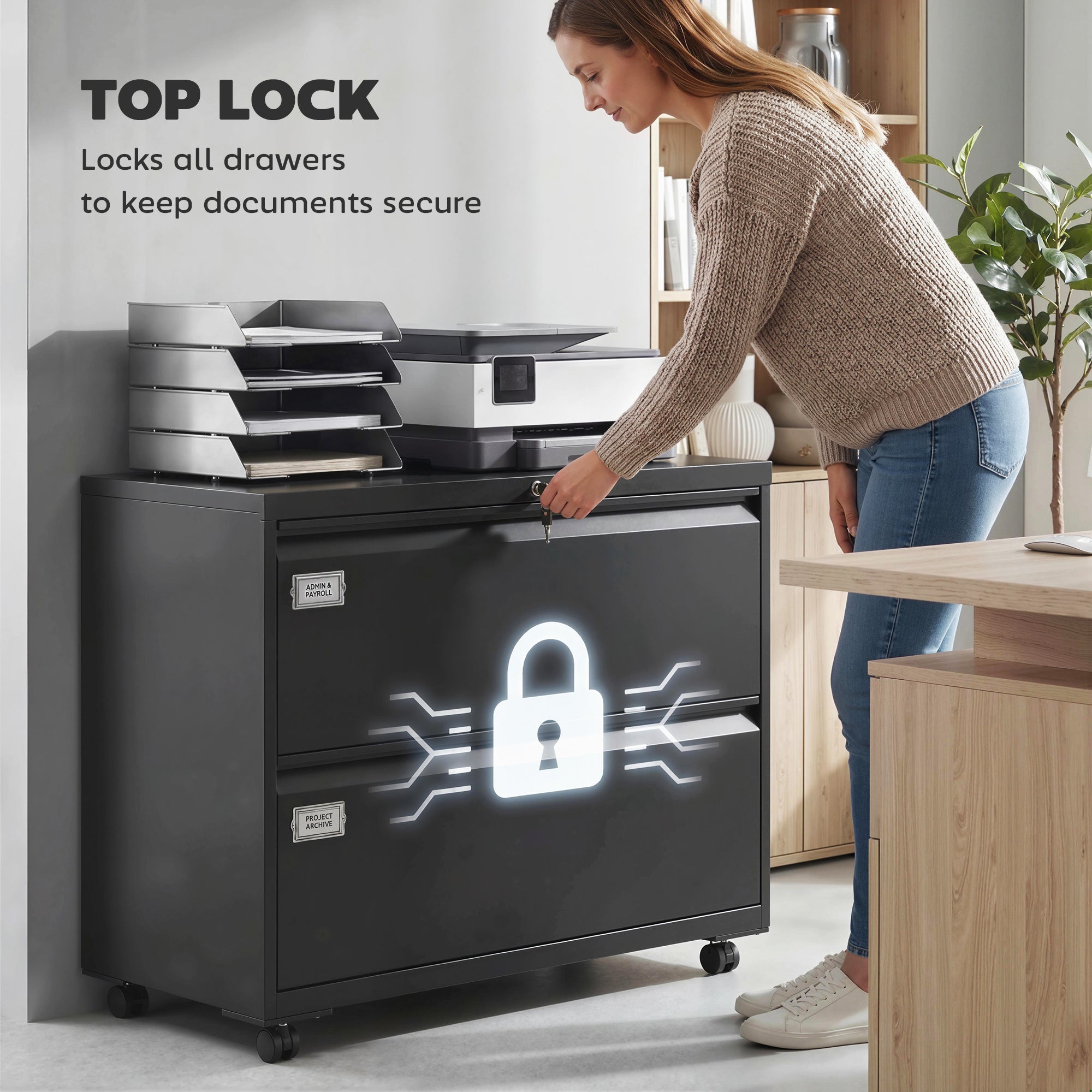 Mobile 2-Drawer Lockable Filing Cabinet with Adjustable Hanging Rails, Steel File Cabinet for Office & Home, Black, 35.4 x 15.7 x 30.5 in