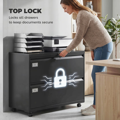 Mobile 2-Drawer Lockable Filing Cabinet with Adjustable Hanging Rails, Steel File Cabinet for Office & Home, Black, 35.4 x 15.7 x 30.5 in