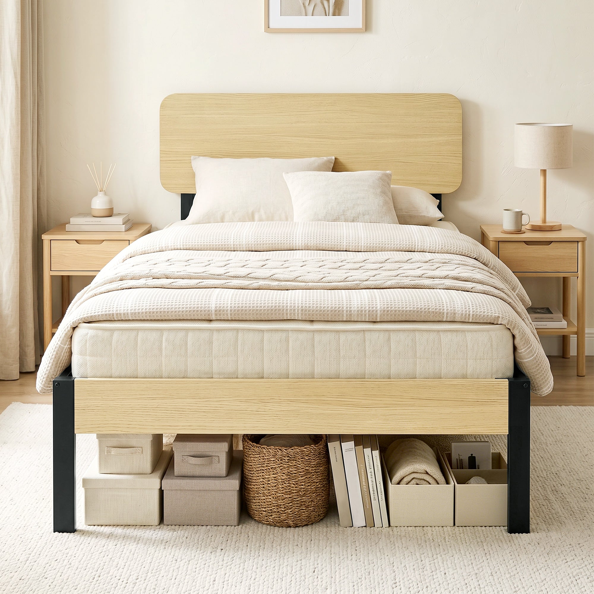 Bed Frame 35.4 x 78.7 in with Headboard & Footboard – Platform Bed with Under-Bed Storage, 14 Slats, Natural Wood Finish