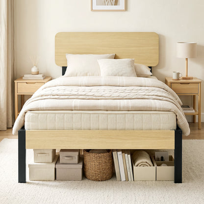 Bed Frame 35.4 x 78.7 in with Headboard & Footboard – Platform Bed with Under-Bed Storage, 14 Slats, Natural Wood Finish