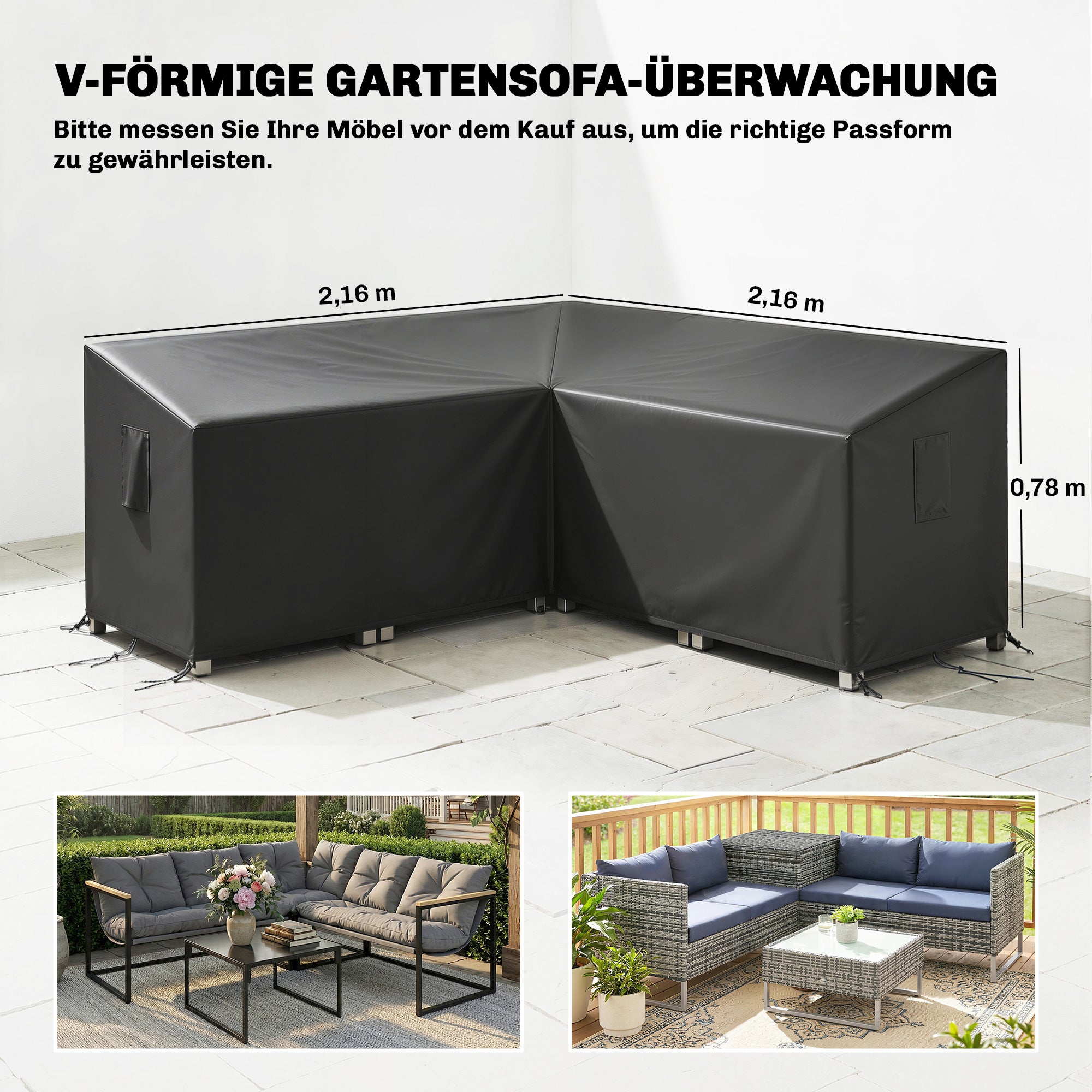 Protective Cover for Patio Furniture — Weatherproof, Waterproof V-Shaped Cover, Anti-UV 420D Oxford Fabric, Windproof, for Patio Tables & Terrace Furniture, 216 x 216 x 78 cm (85 x 85 x 30.7 in) — Black