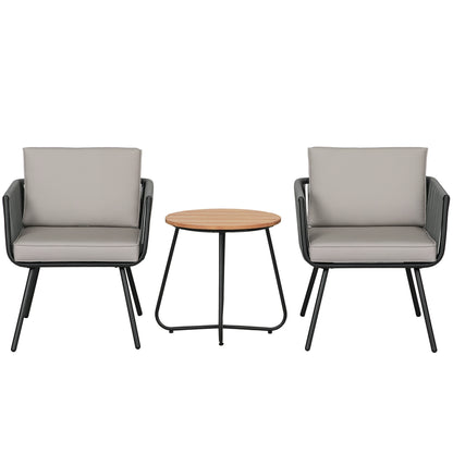 Synthetic Rattan Garden Furniture Set 3 Pieces Table and 2 Rattan Chairs with Removable Padded Cushions for Balcony Terrace Patio Gray