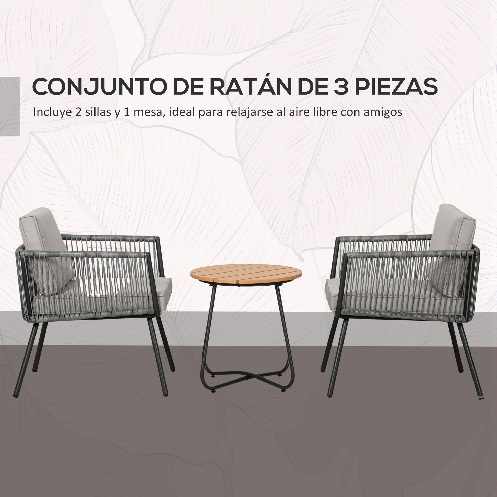 Synthetic Rattan Garden Furniture Set 3 Pieces Table and 2 Rattan Chairs with Removable Padded Cushions for Balcony Terrace Patio Gray