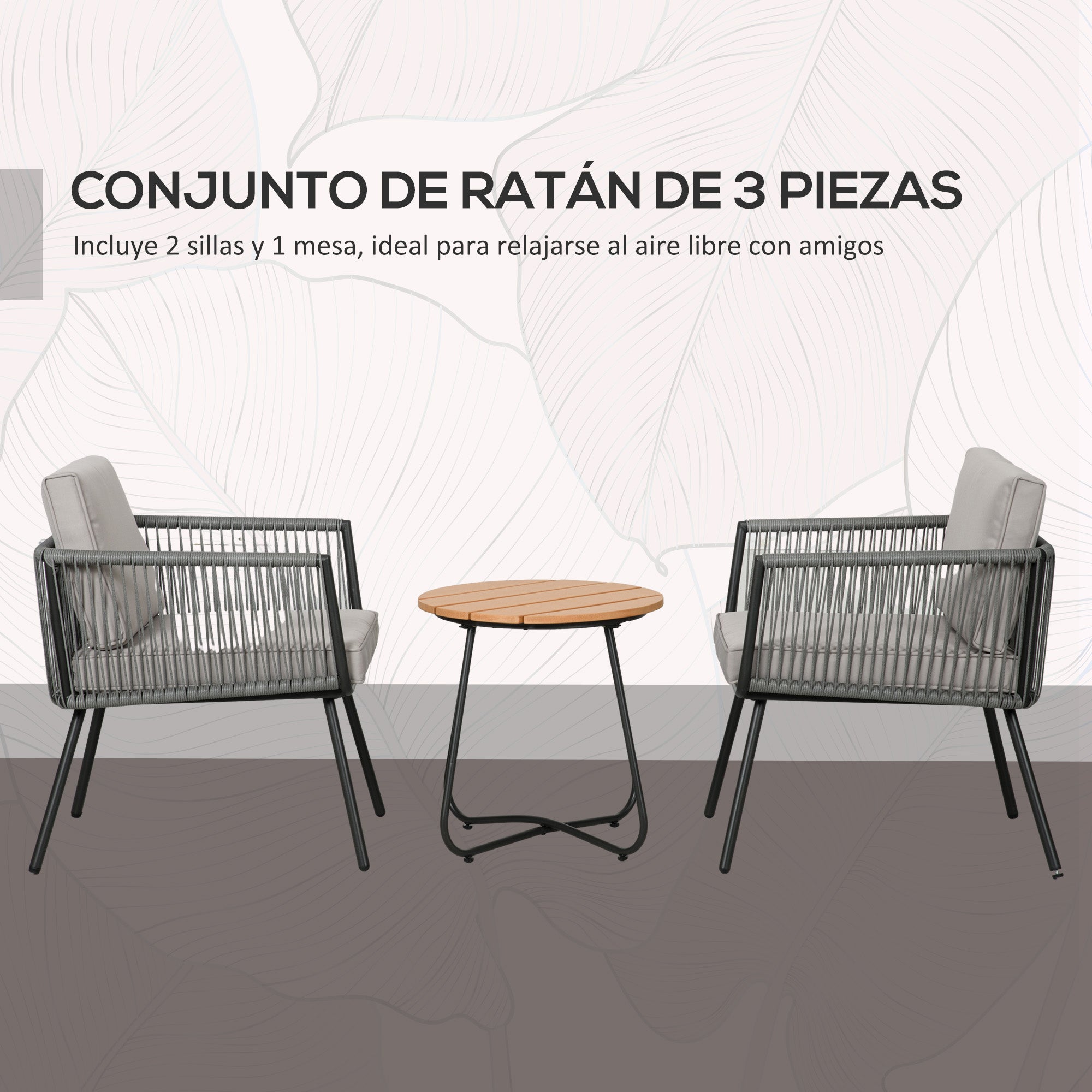 Synthetic Rattan Garden Furniture Set 3 Pieces Table and 2 Rattan Chairs with Removable Padded Cushions for Balcony Terrace Patio Gray