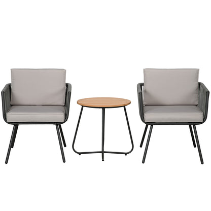 Synthetic Rattan Garden Furniture Set 3 Pieces Table and 2 Rattan Chairs with Removable Padded Cushions for Balcony Terrace Patio Gray