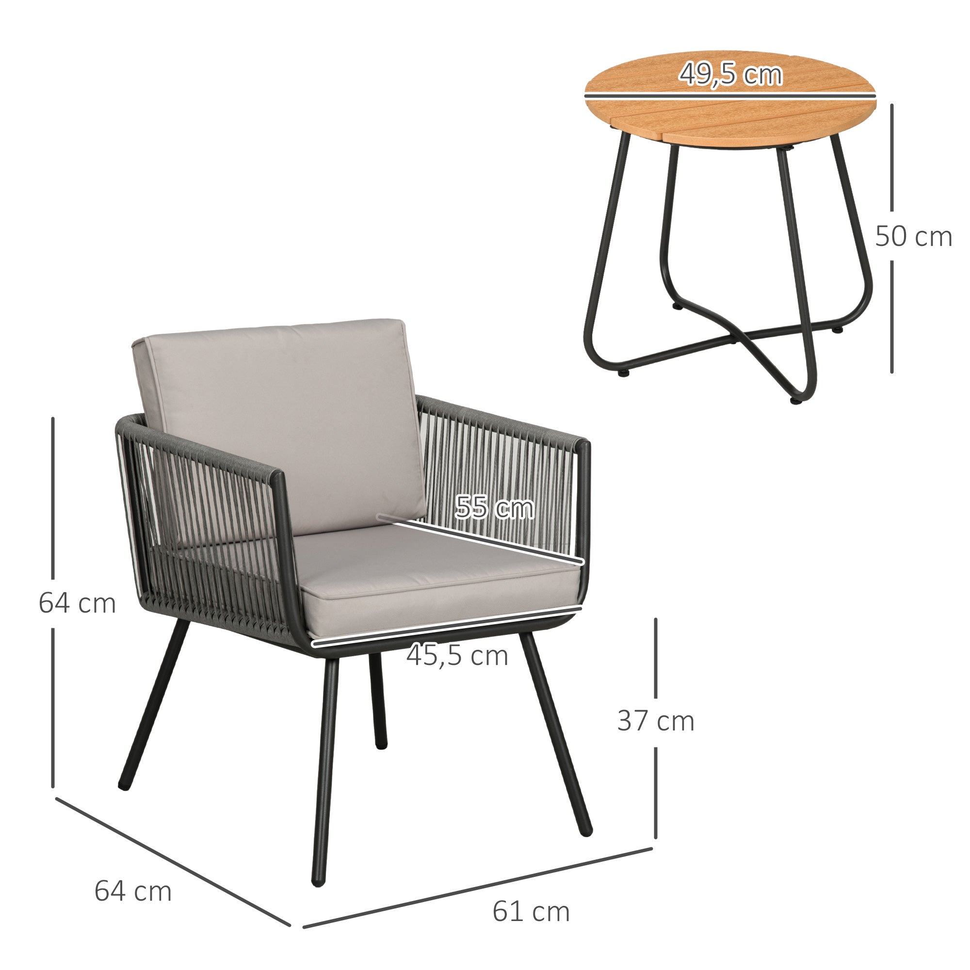 Synthetic Rattan Garden Furniture Set 3 Pieces Table and 2 Rattan Chairs with Removable Padded Cushions for Balcony Terrace Patio Gray