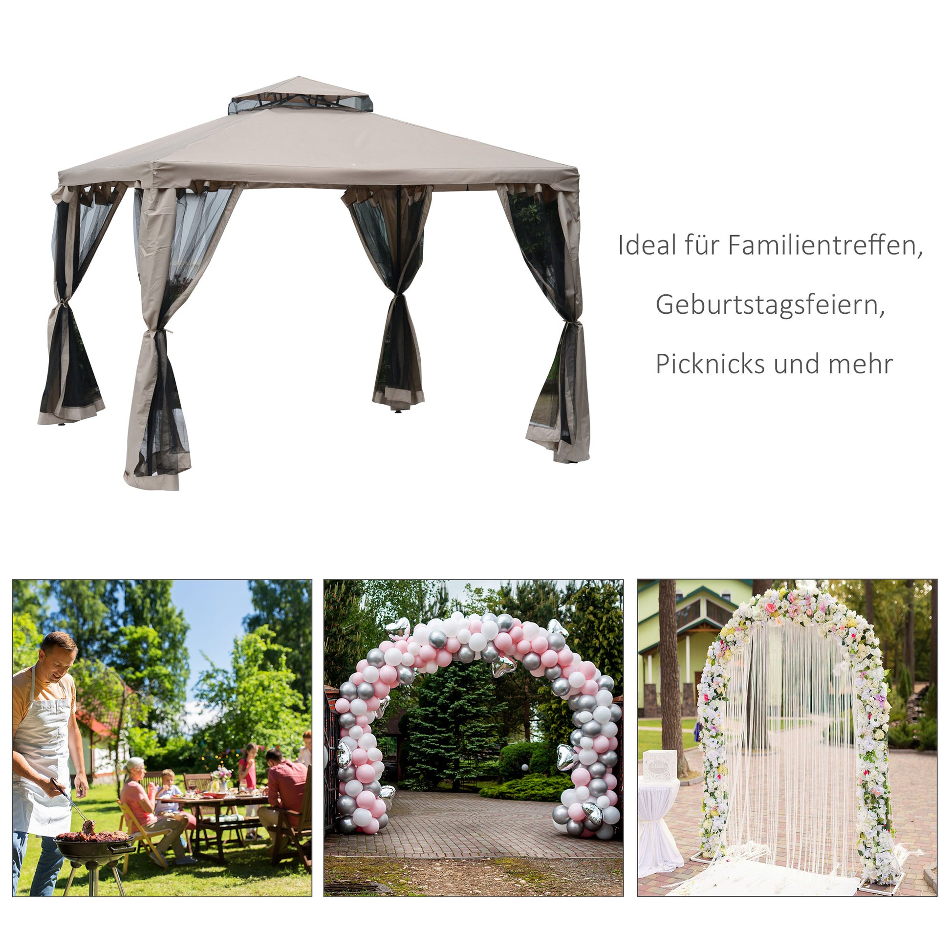 Pavilion with Double Roof, approx. 3x3 m Waterproof Stable Winterproof Garden Pavilion with Mosquito Net, Side Panels, Metal Garden Pavilion for Garden, Terrace, Gray