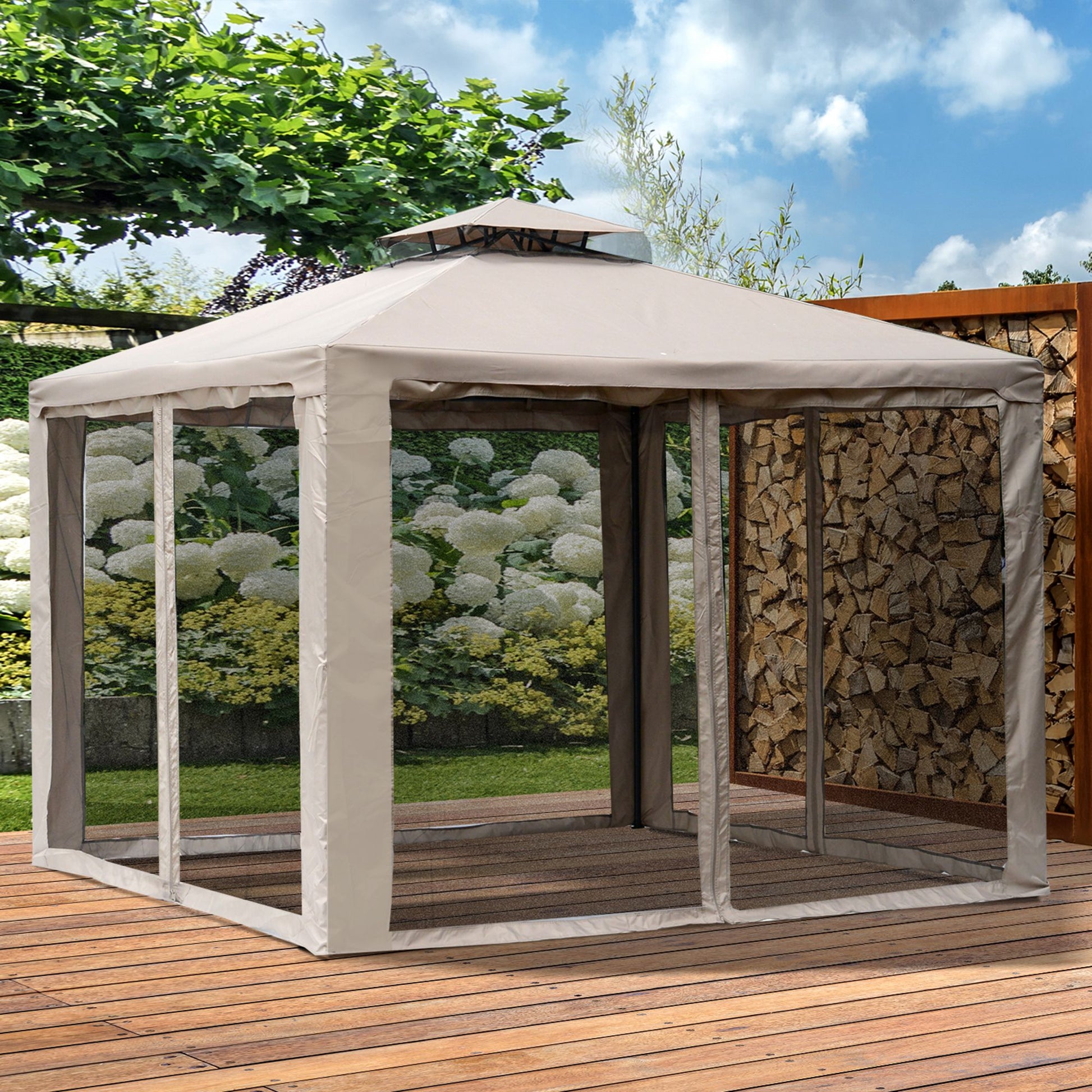 Pavilion with Double Roof, approx. 3x3 m Waterproof Stable Winterproof Garden Pavilion with Mosquito Net, Side Panels, Metal Garden Pavilion for Garden, Terrace, Gray