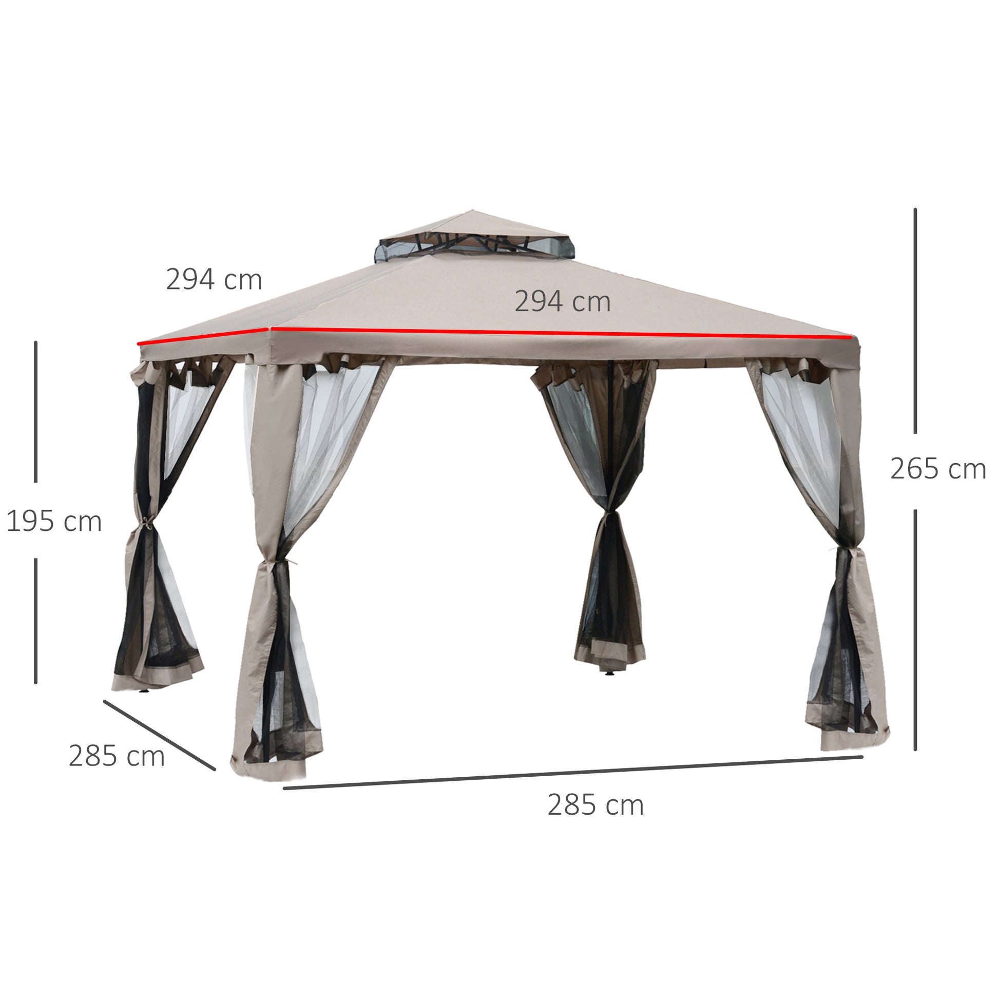 Pavilion with Double Roof, approx. 3x3 m Waterproof Stable Winterproof Garden Pavilion with Mosquito Net, Side Panels, Metal Garden Pavilion for Garden, Terrace, Gray