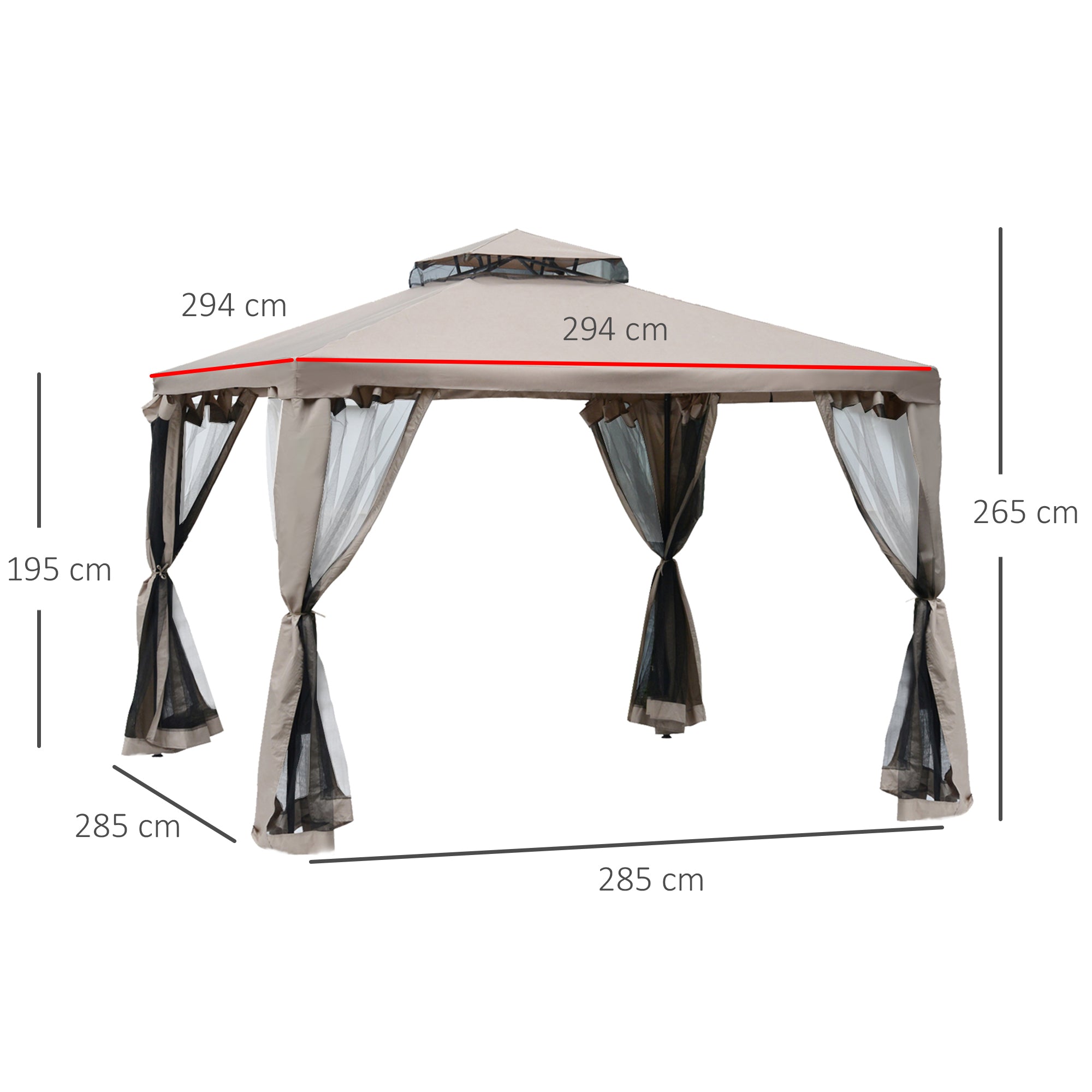 Pavilion with Double Roof, approx. 3x3 m Waterproof Stable Winterproof Garden Pavilion with Mosquito Net, Side Panels, Metal Garden Pavilion for Garden, Terrace, Gray