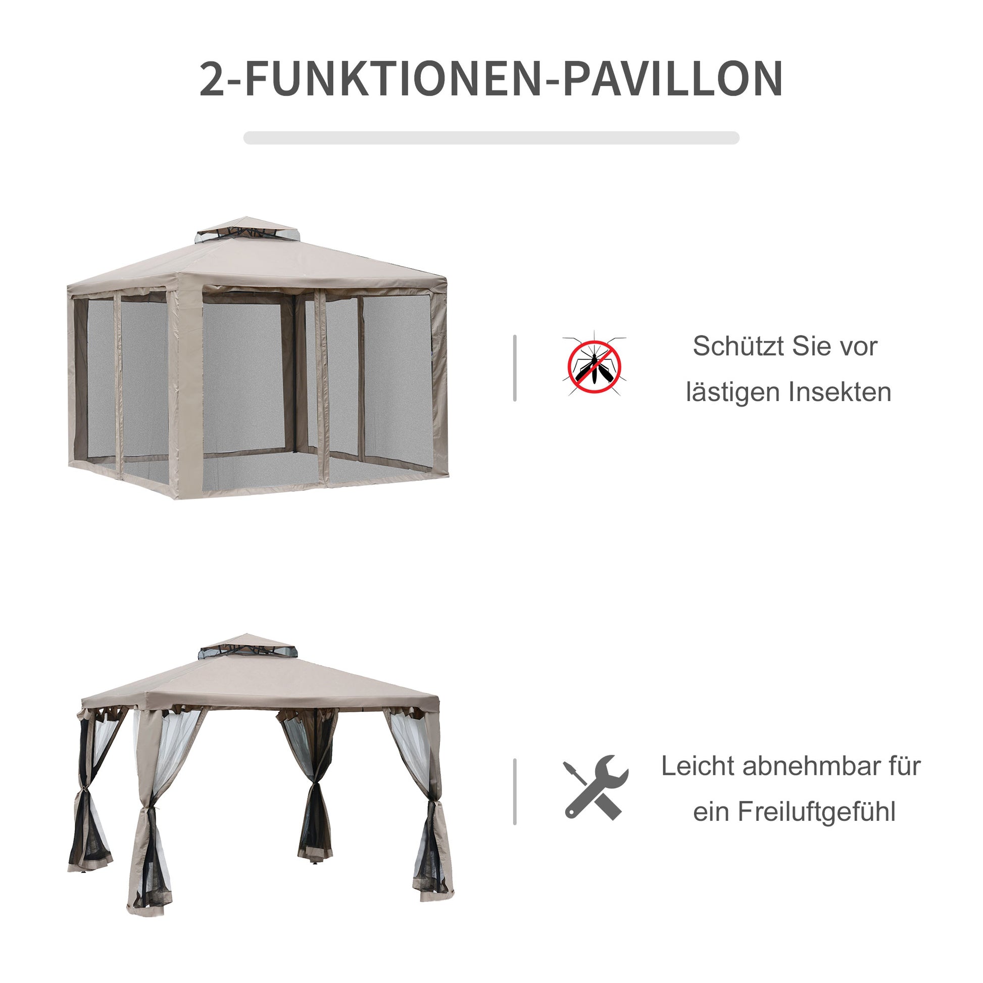 Pavilion with Double Roof, approx. 3x3 m Waterproof Stable Winterproof Garden Pavilion with Mosquito Net, Side Panels, Metal Garden Pavilion for Garden, Terrace, Gray
