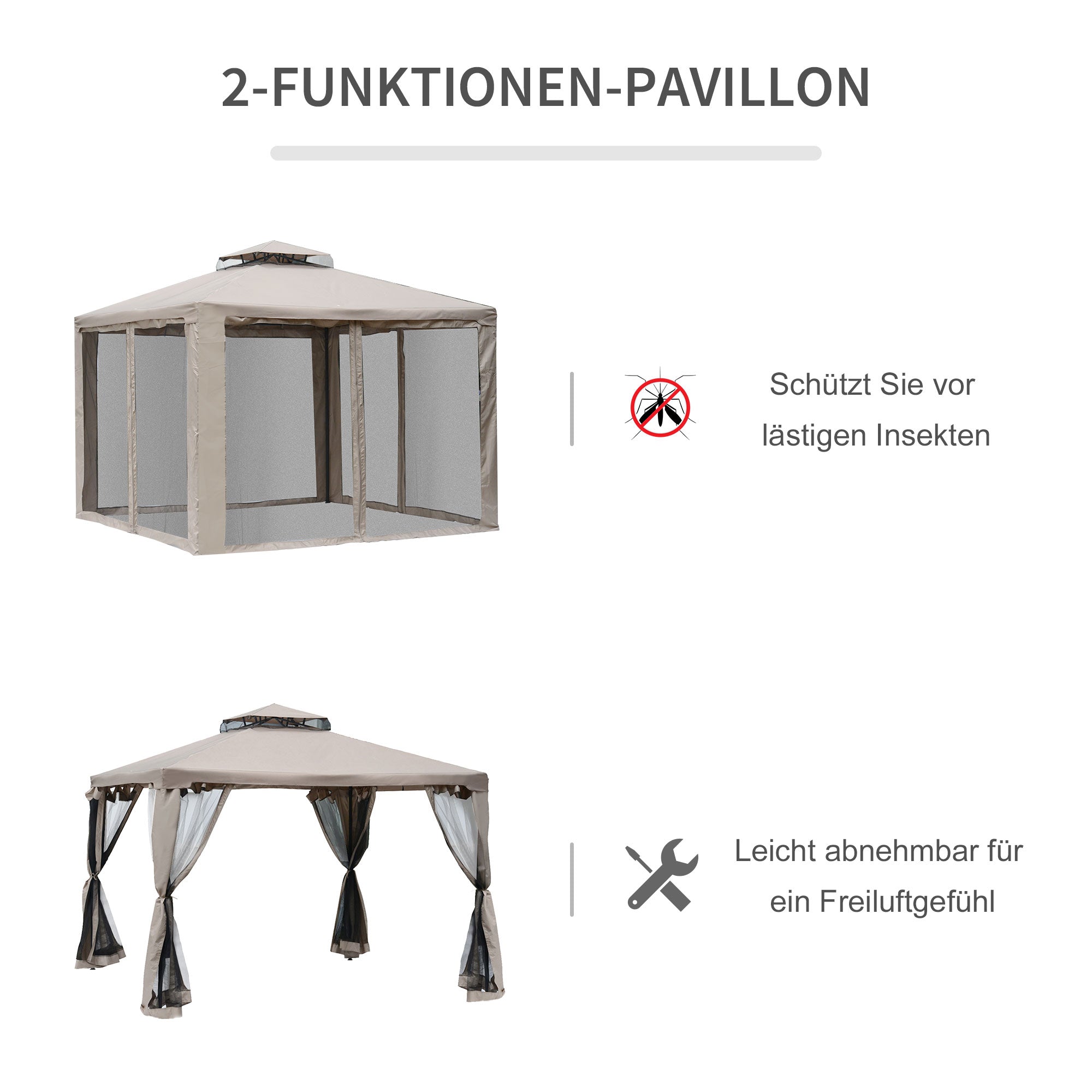 Pavilion with Double Roof, approx. 3x3 m Waterproof Stable Winterproof Garden Pavilion with Mosquito Net, Side Panels, Metal Garden Pavilion for Garden, Terrace, Gray